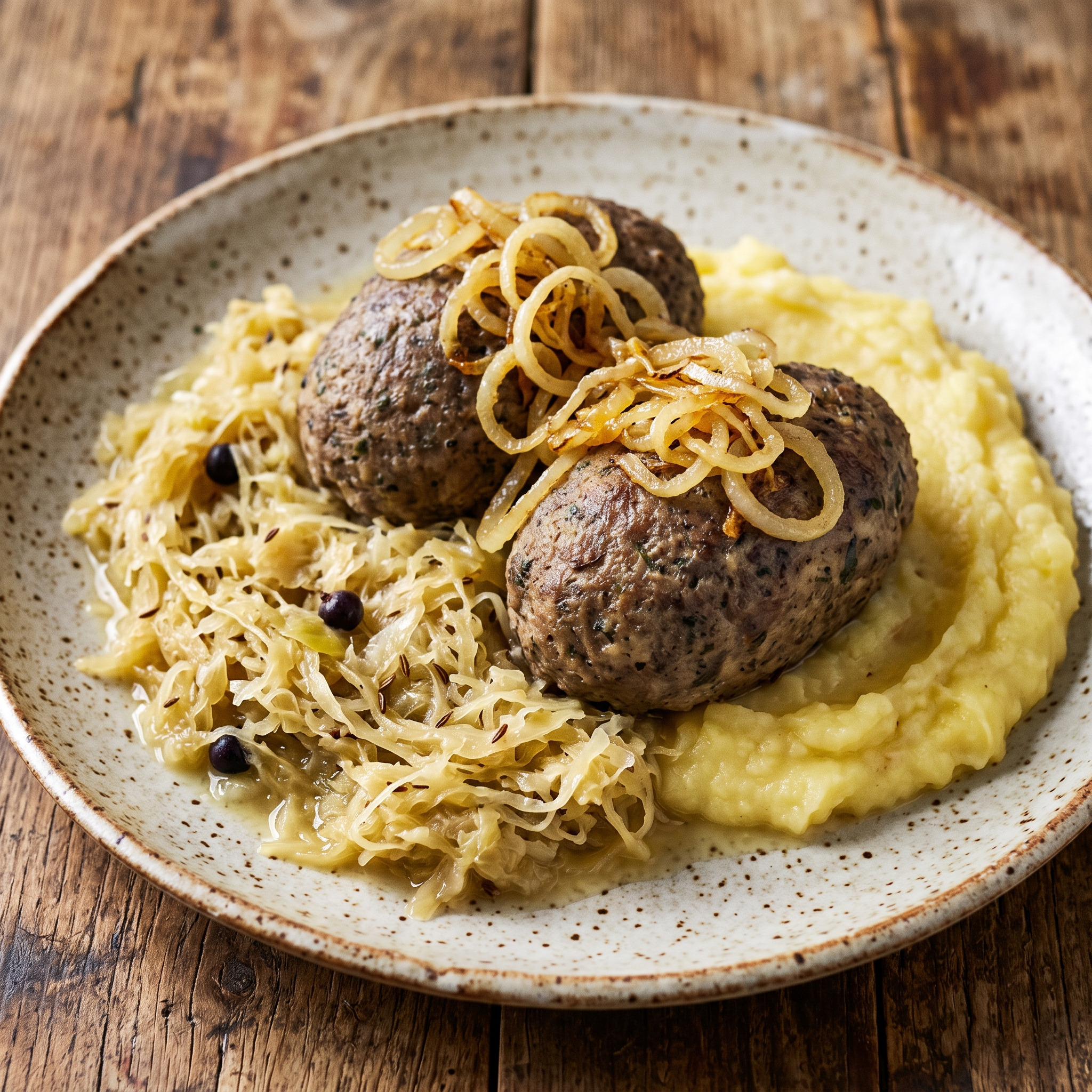 Herzhaftes Knödelgericht | Pfälzer Leberknödel | Würzige Leberknödel, mildes Sauerkraut und cremiges Kartoffelpüree