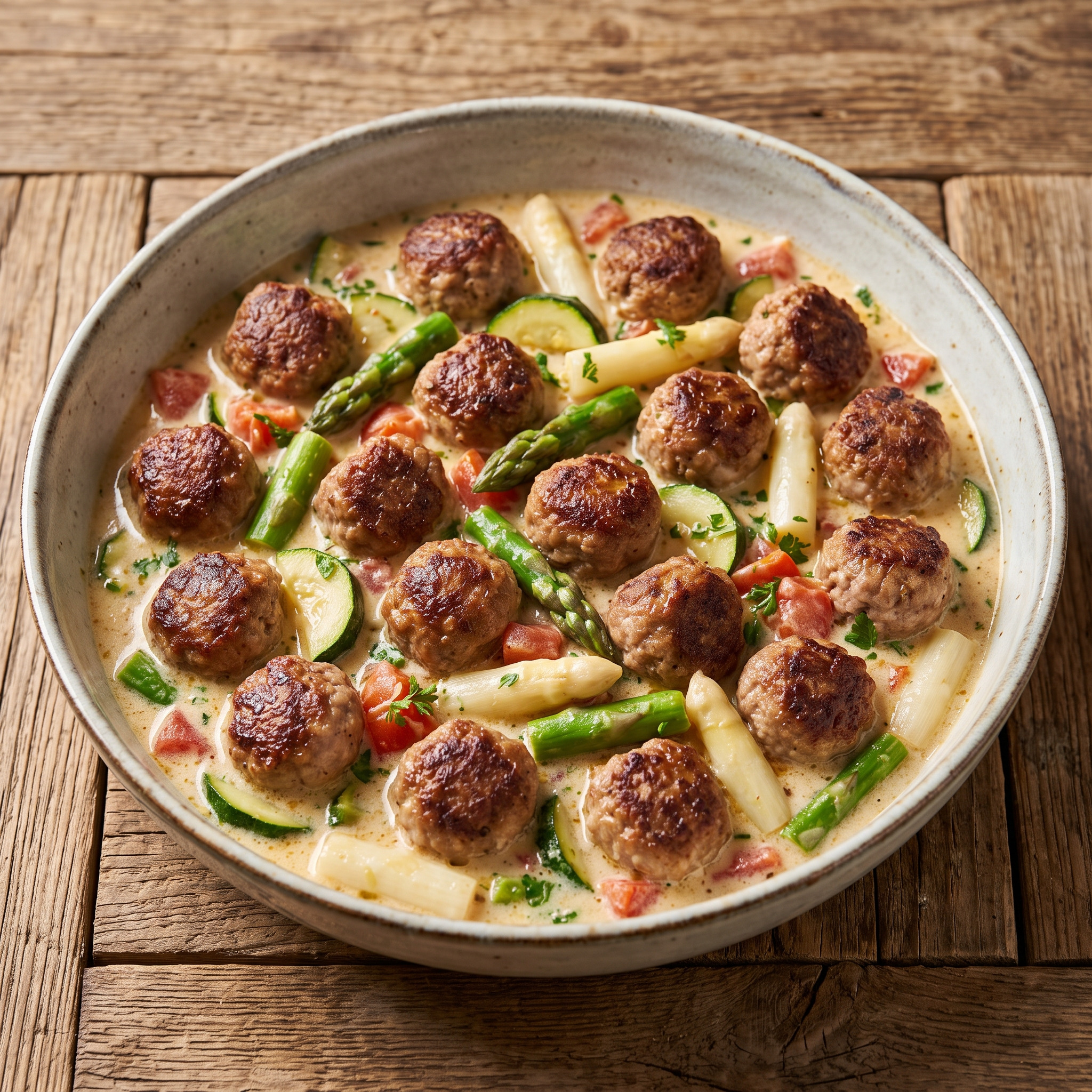 Pikantes Spargelratatouille mit Fleischklößchen