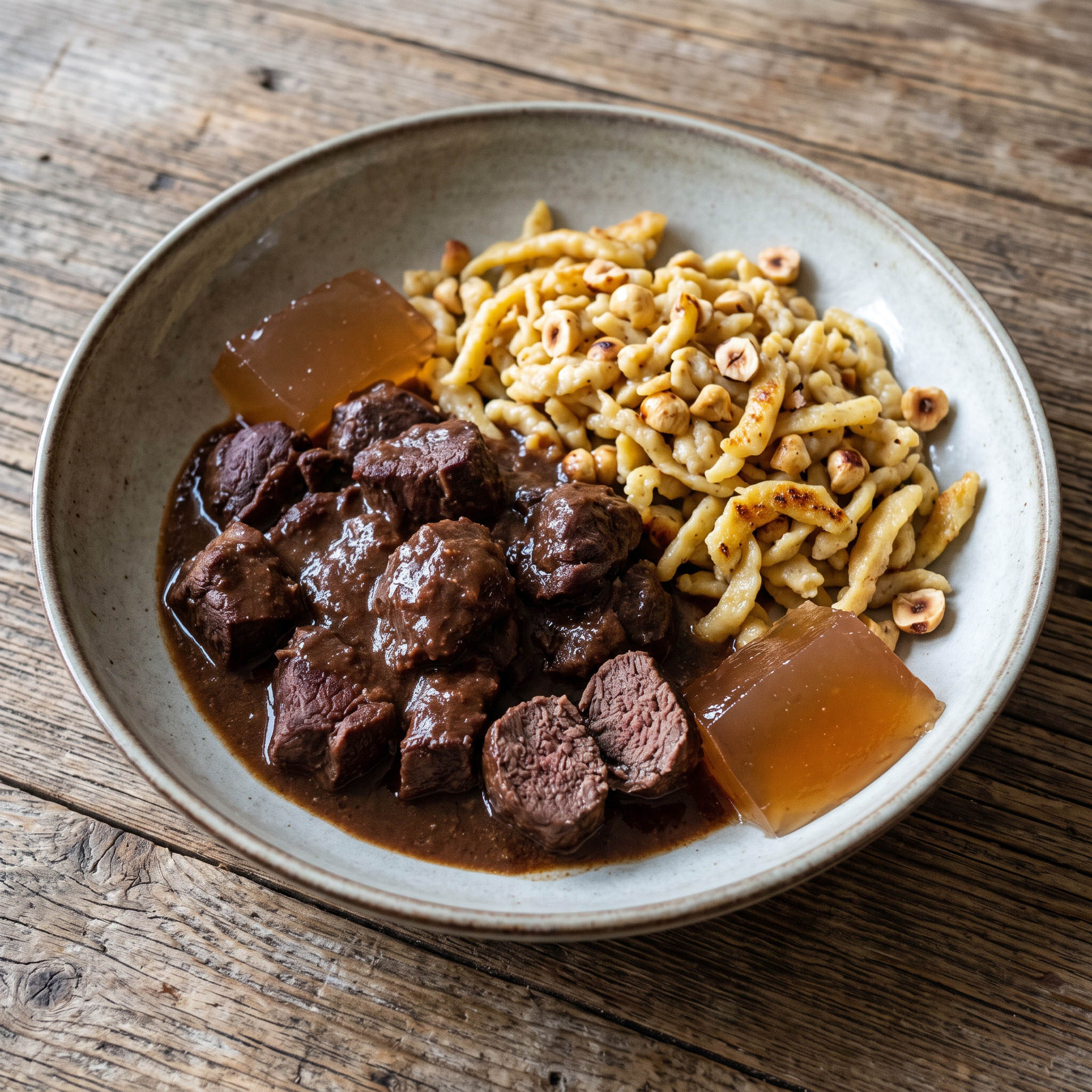 Rehragout mit Haselnuss-Spätzle und Quittengelee