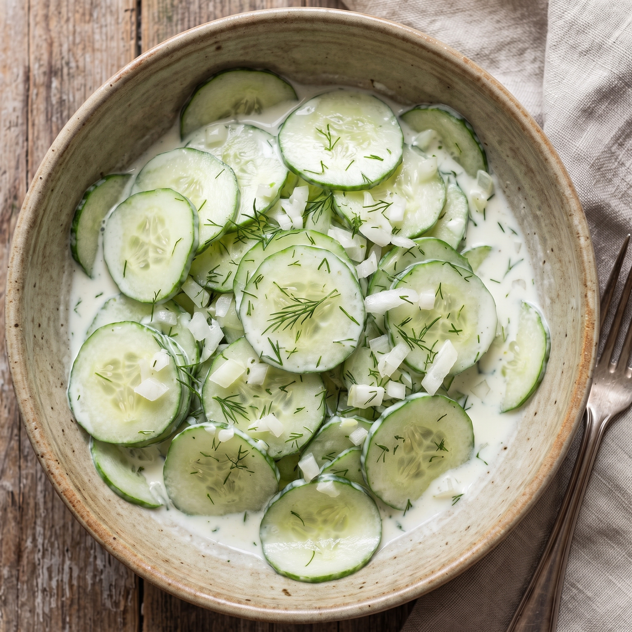 Frischer Salat, Rheinland | Rheinischer Gurkensalat mit Sahne | Dünne Scheiben, Dill und kühles Sahne-Essig-Dressing