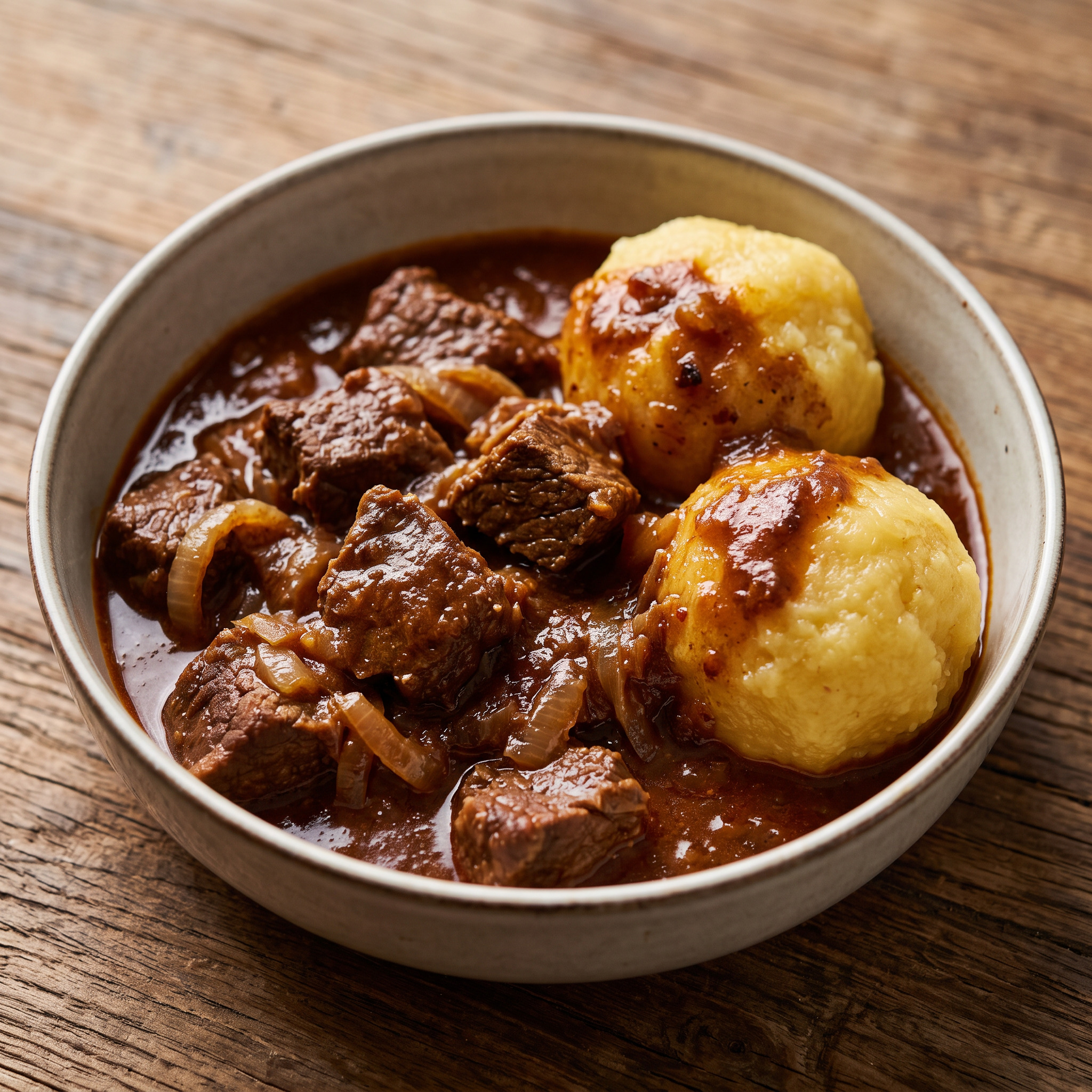 Rindergulasch mit Kartoffelklößen und Rotkohl