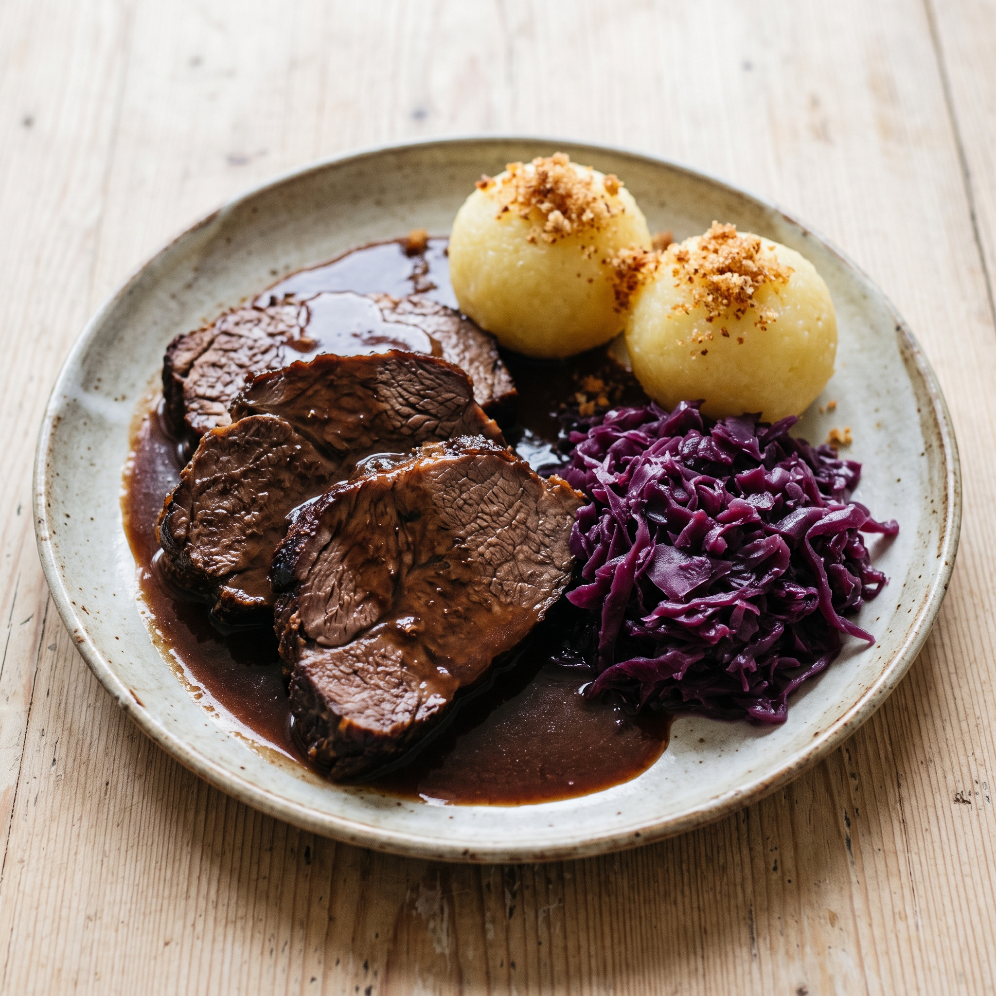 Rinderschmorbraten mit Rotkohl und Kartoffelklößen