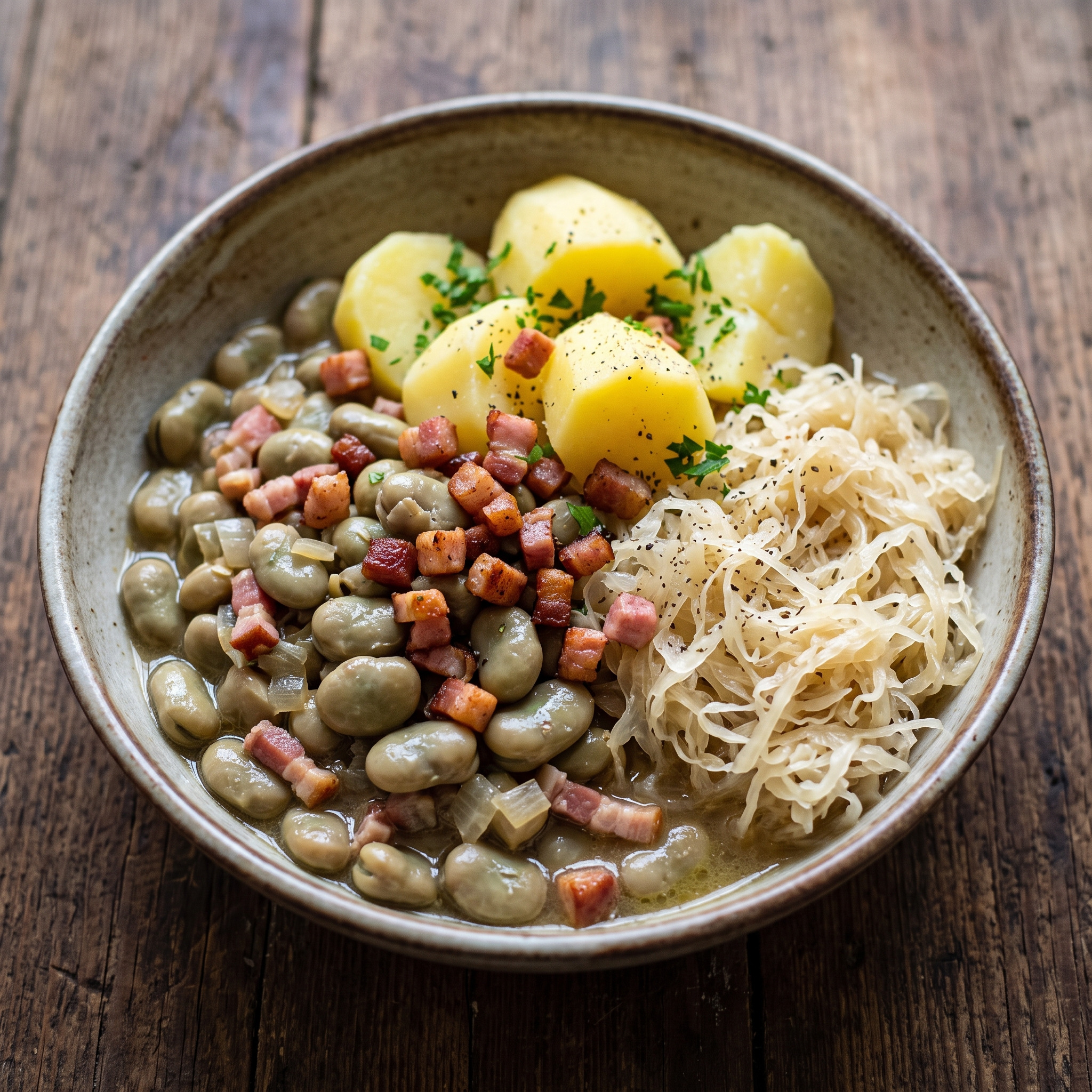 Saarländische Ackerbohnen mit Sauerkraut und Speck