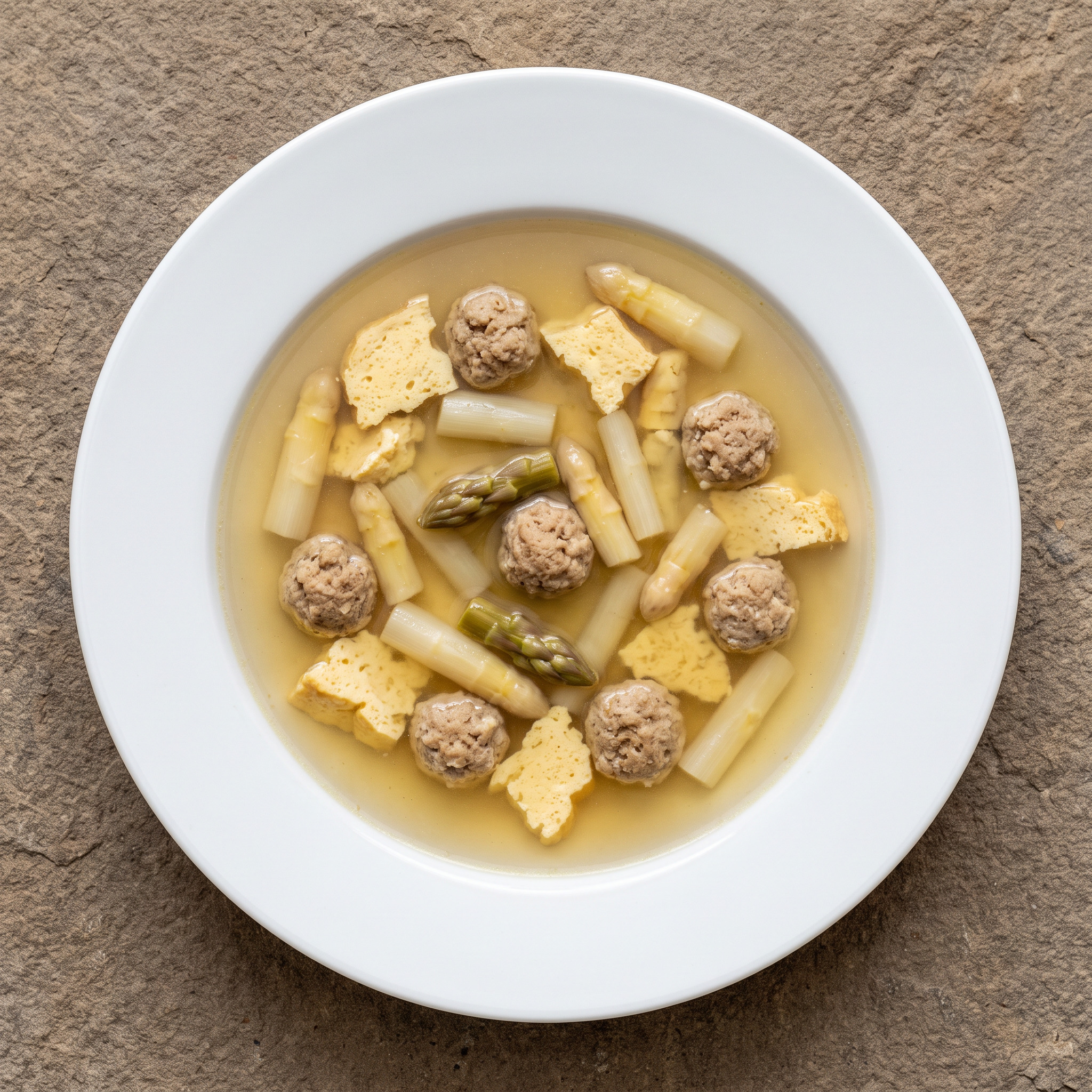 Sächsische Hochzeitssuppe mit Hackfleischklößchen, Eierstich und Spargel