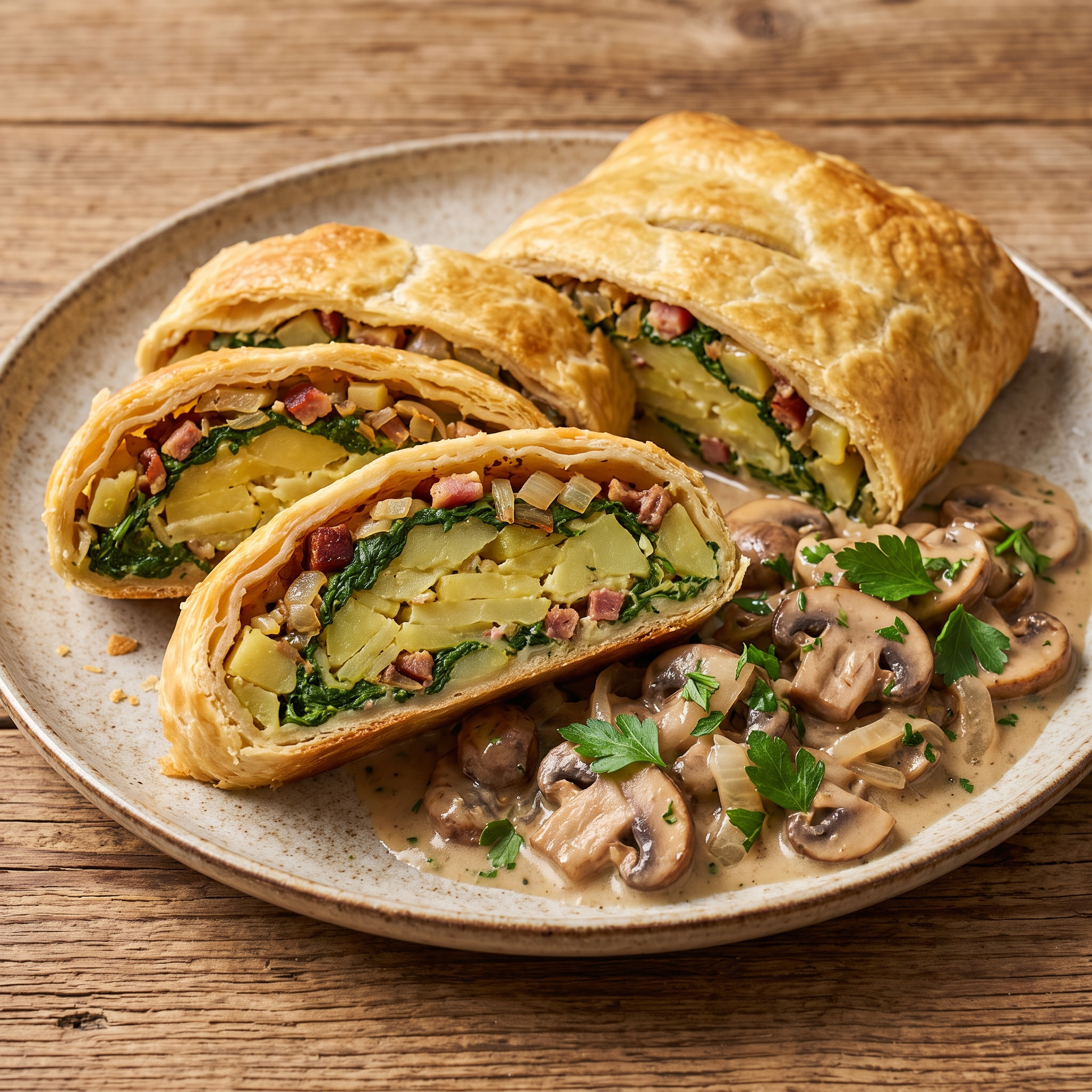 Sächsischer Kartoffelstrudel mit Spinat, Speck und Pilzragout
