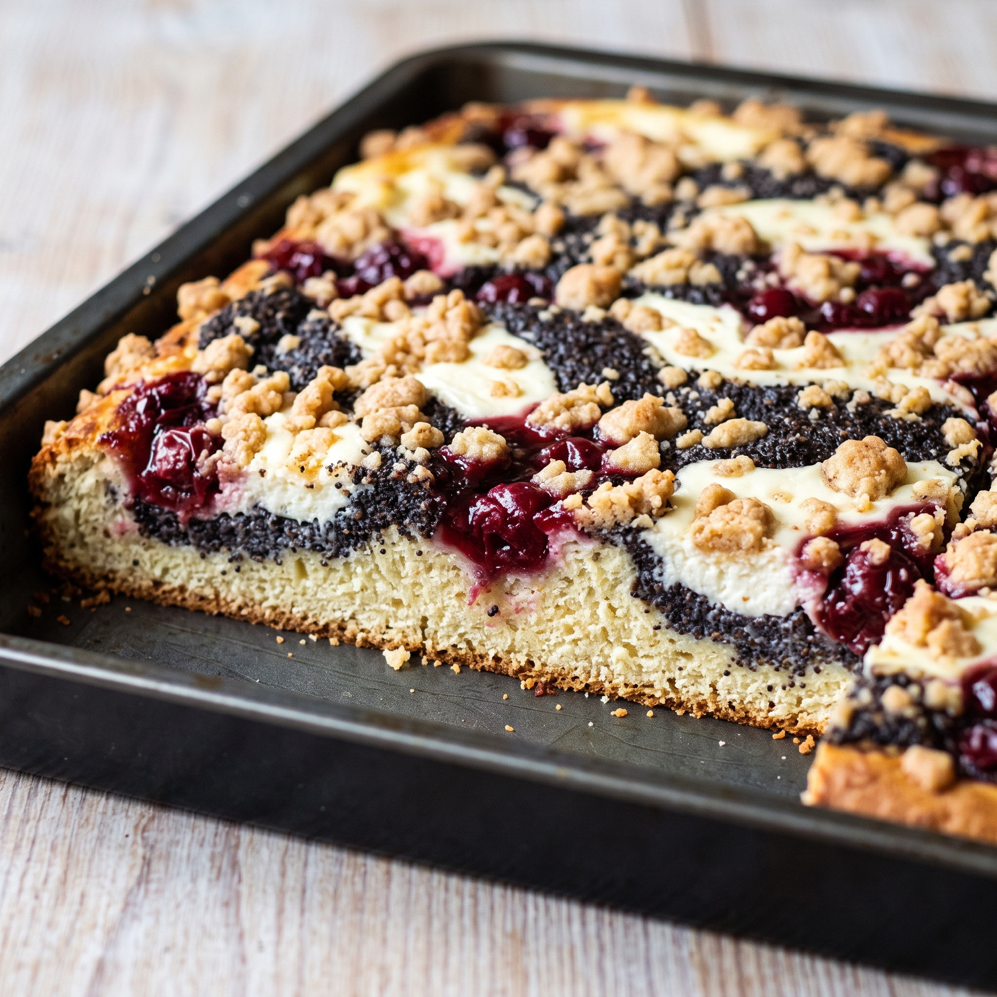 Sächsischer Kleckselkuchen mit Mohn, Quark und Kirsche
