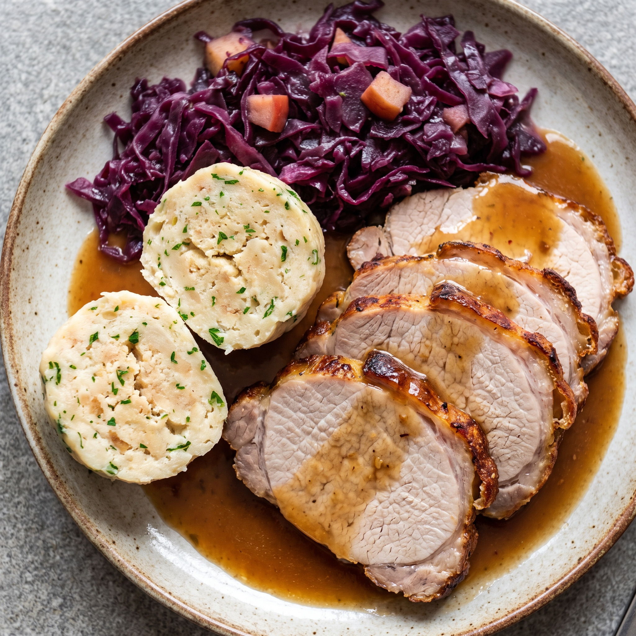 Sächsische Küche | Sächsischer Schweinebraten mit Knödeln und Rotkohl | Zart geschmortes Fleisch in würziger Soße mit Klößen und Rotkohl