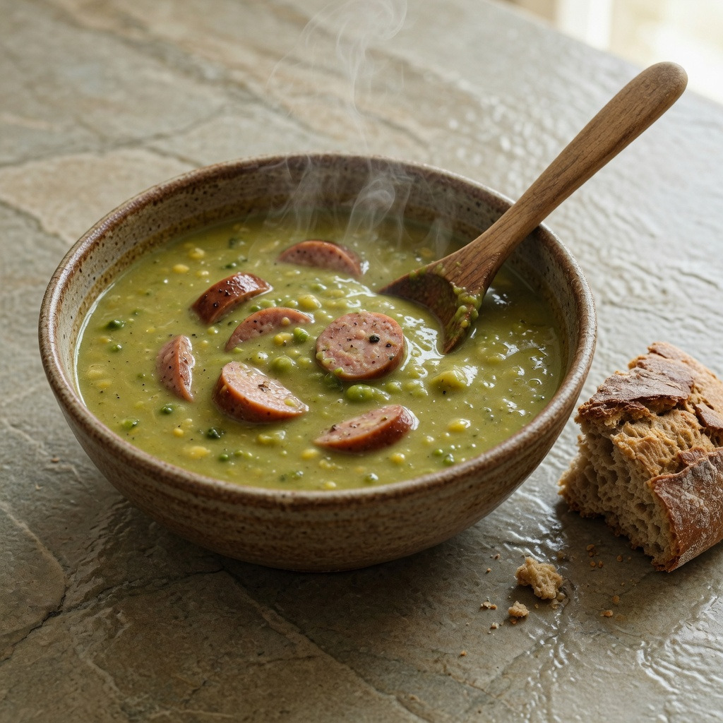 Sämige Erbsensuppe mit rauchiger Wurst