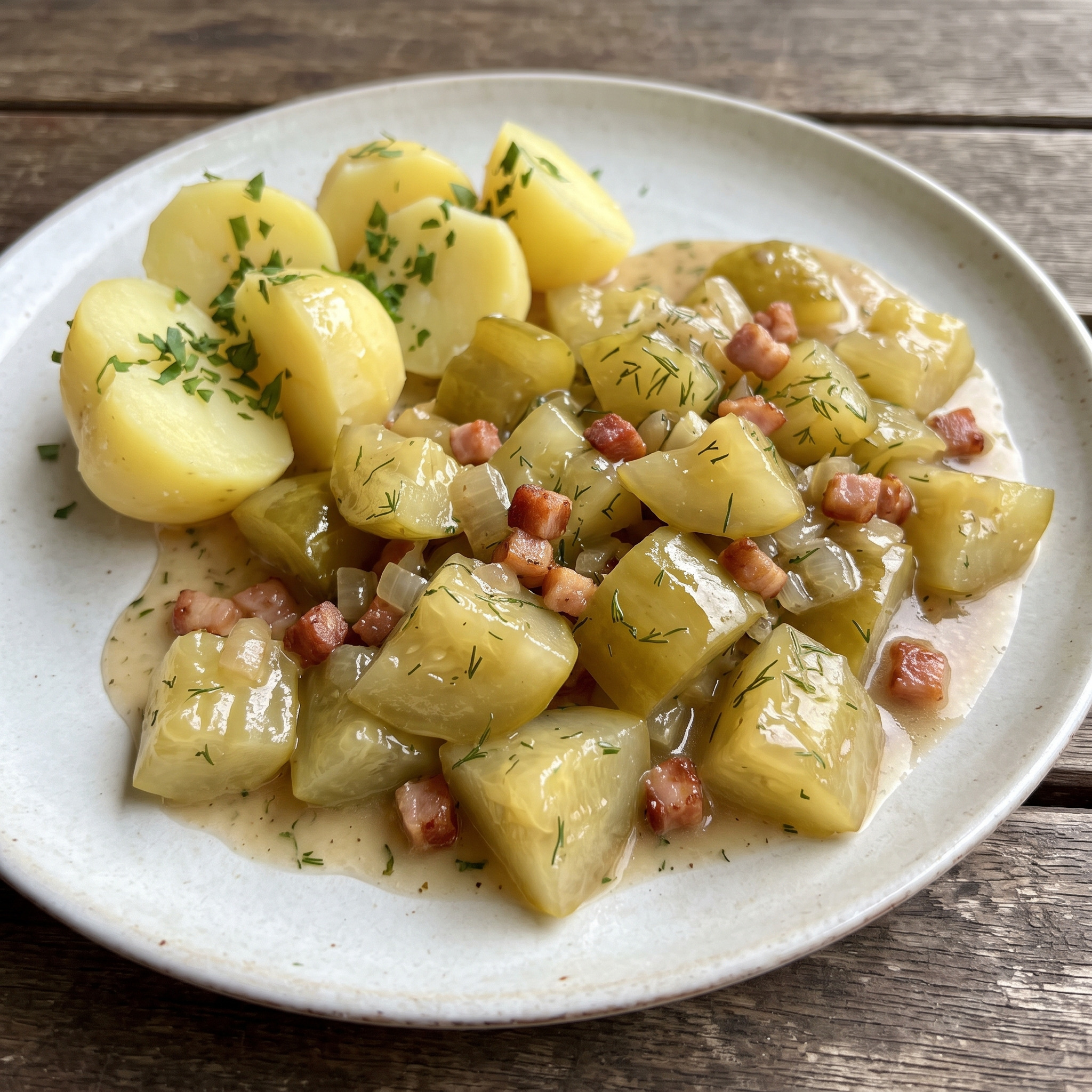 Spreewälder Pfannengericht | Schmorgurken mit Speck | Saftig geschmort, süß-säuerlich und mit knusprigem Speck.