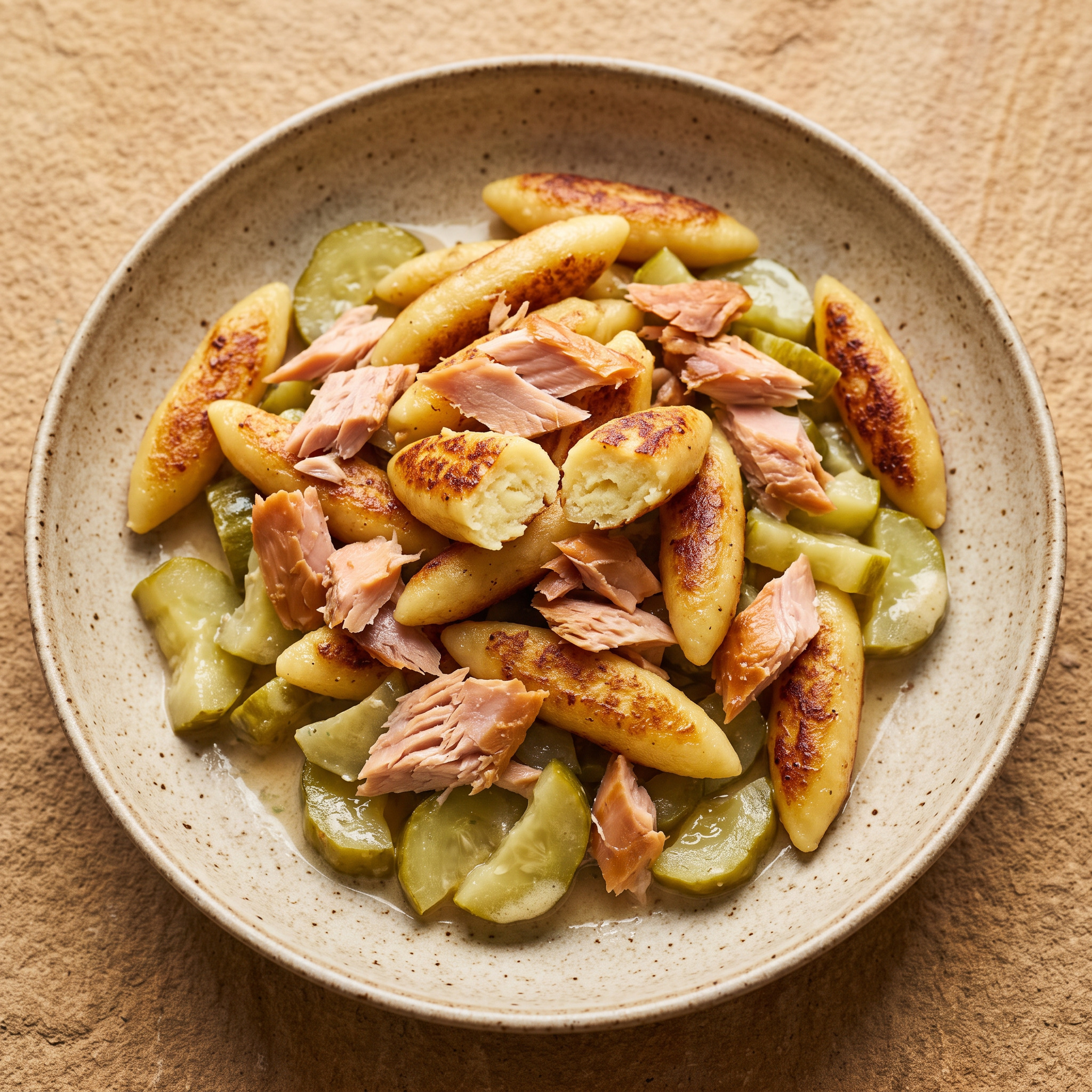 Schupfnudeln mit Schmorgurken und Räucherforelle