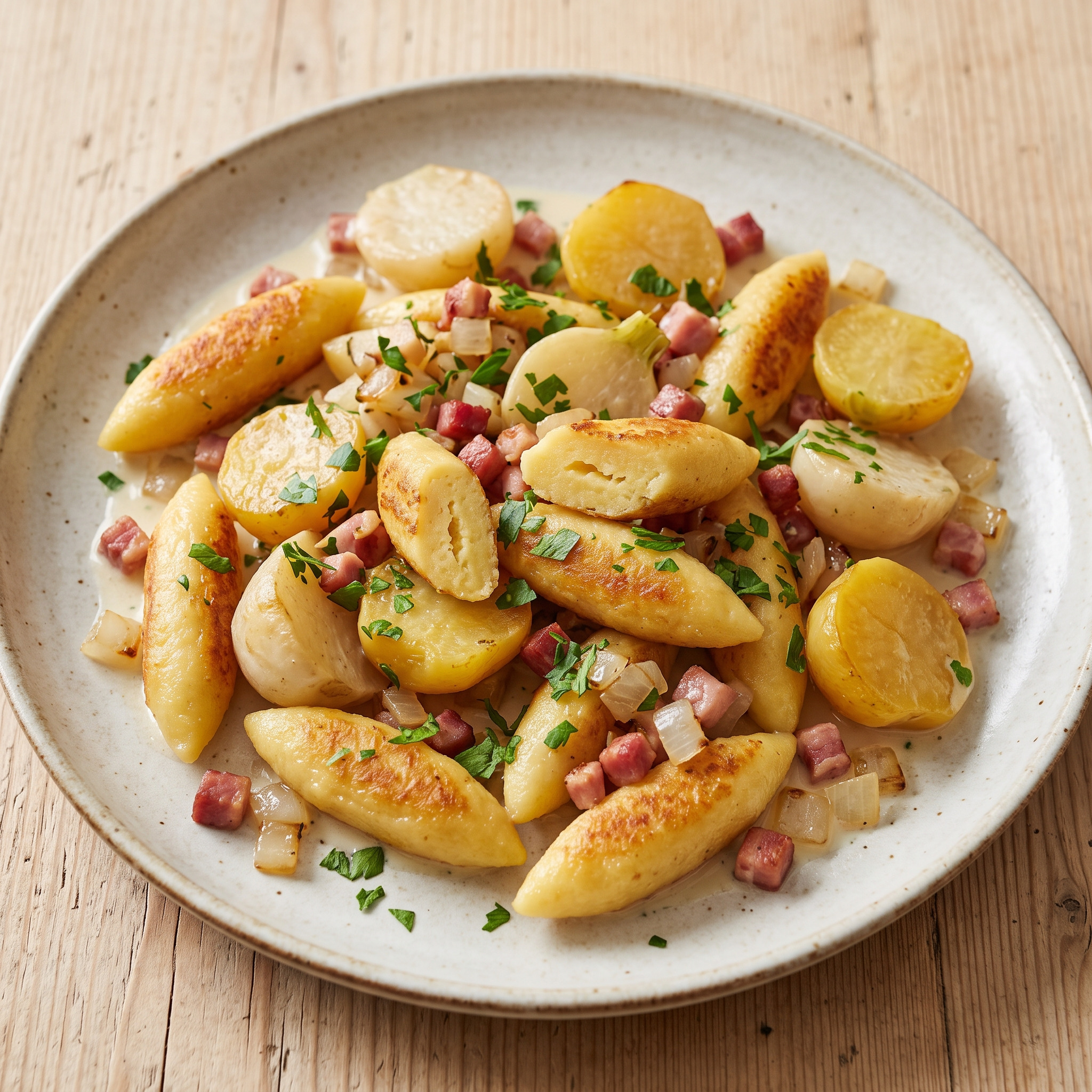 Schupfnudeln mit Teltower Rübchen und Speck