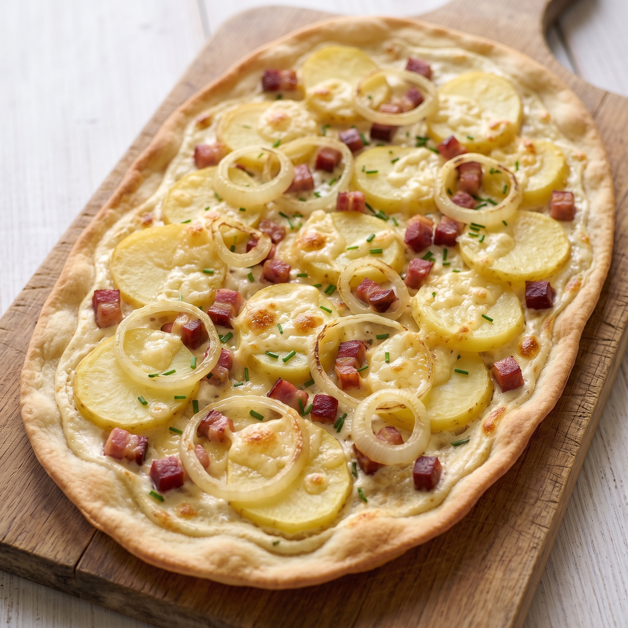 Schwäbischer Hefefladen | Dinnete mit Kartoffeln und Speck | Knuspriger Teig mit cremigem Schmand, Kartoffeln und Speck aus dem Ofen.