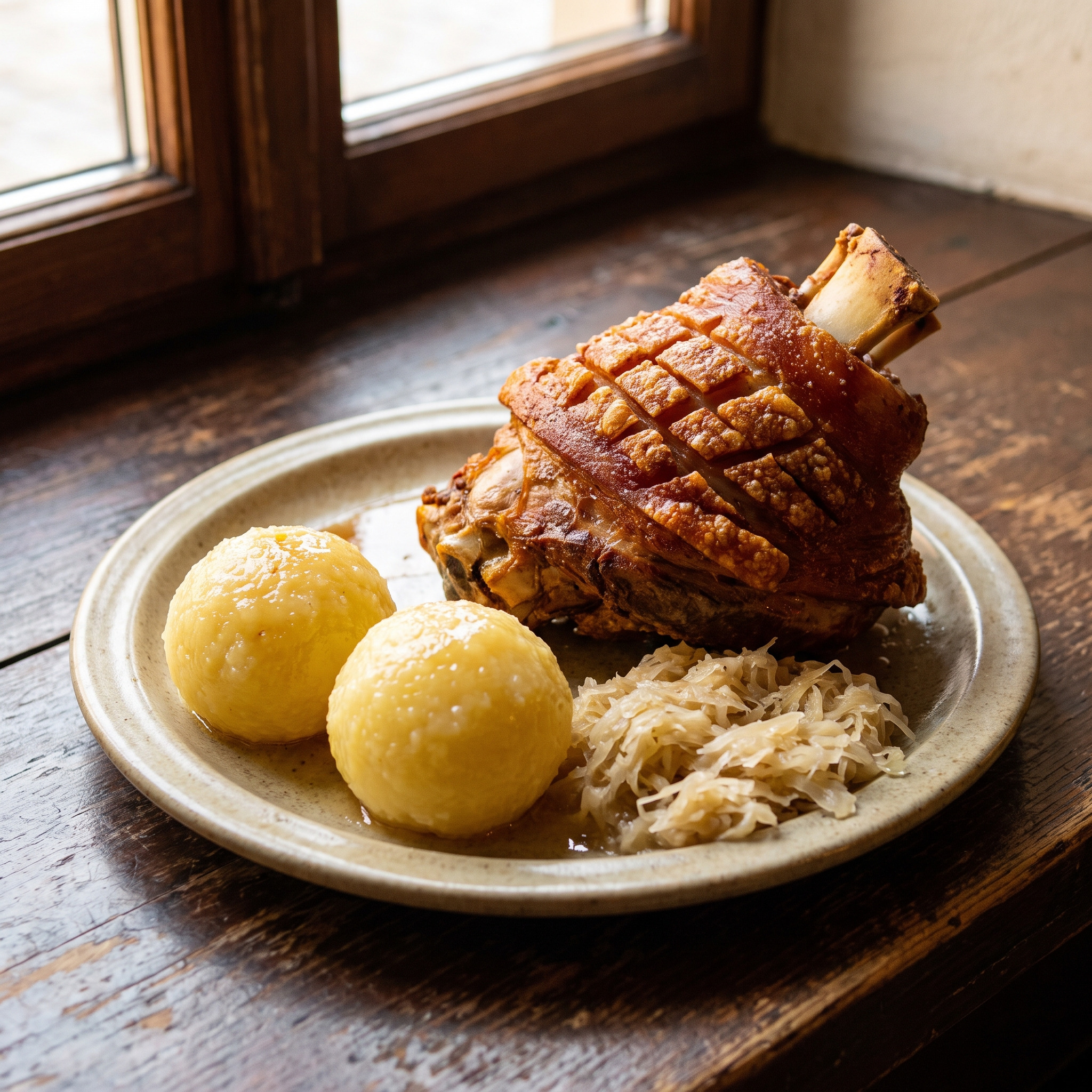 Bayerische Wirtshausküche | Schweinshaxe mit Sauerkraut und Kartoffelknödeln | Knusprige Kruste, deftiges Kraut und flaumige Kartoffelknödel.