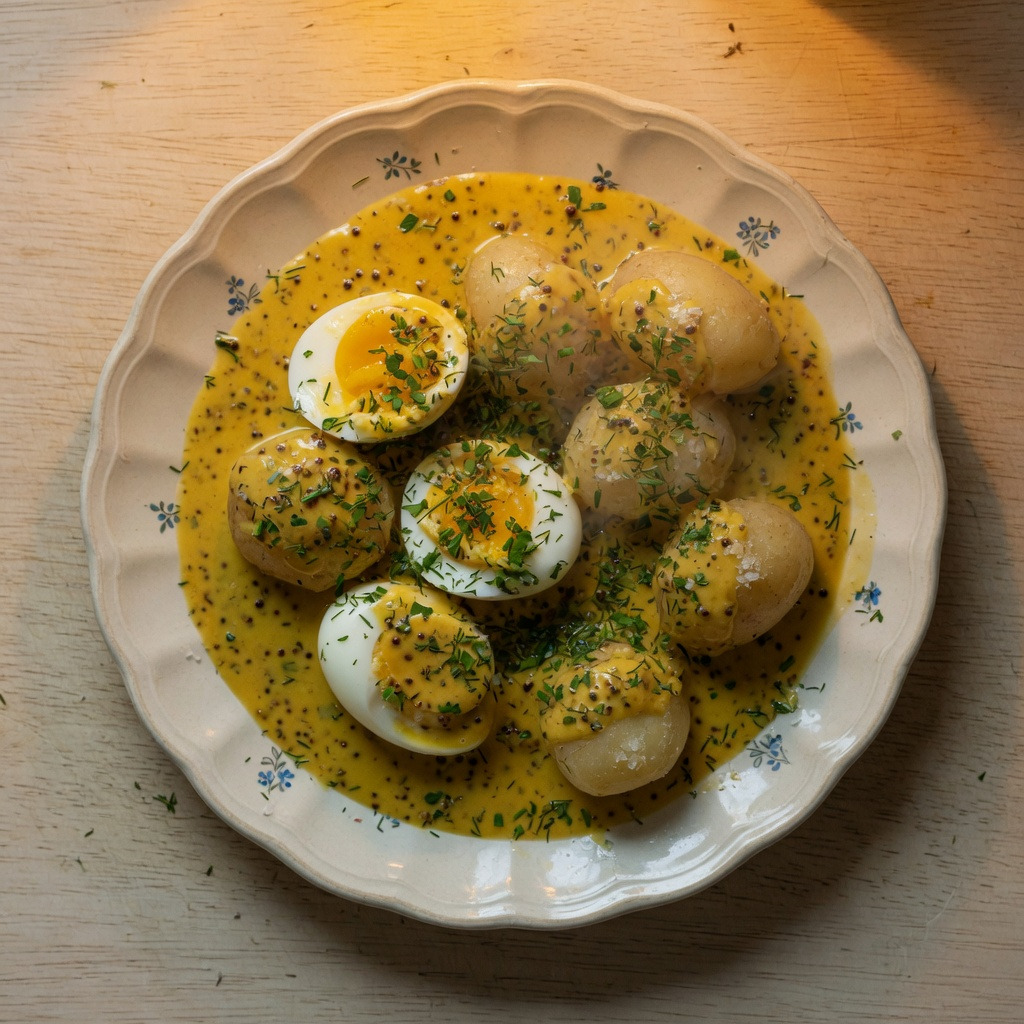 Senfeier glänzen in goldgelber Sauce