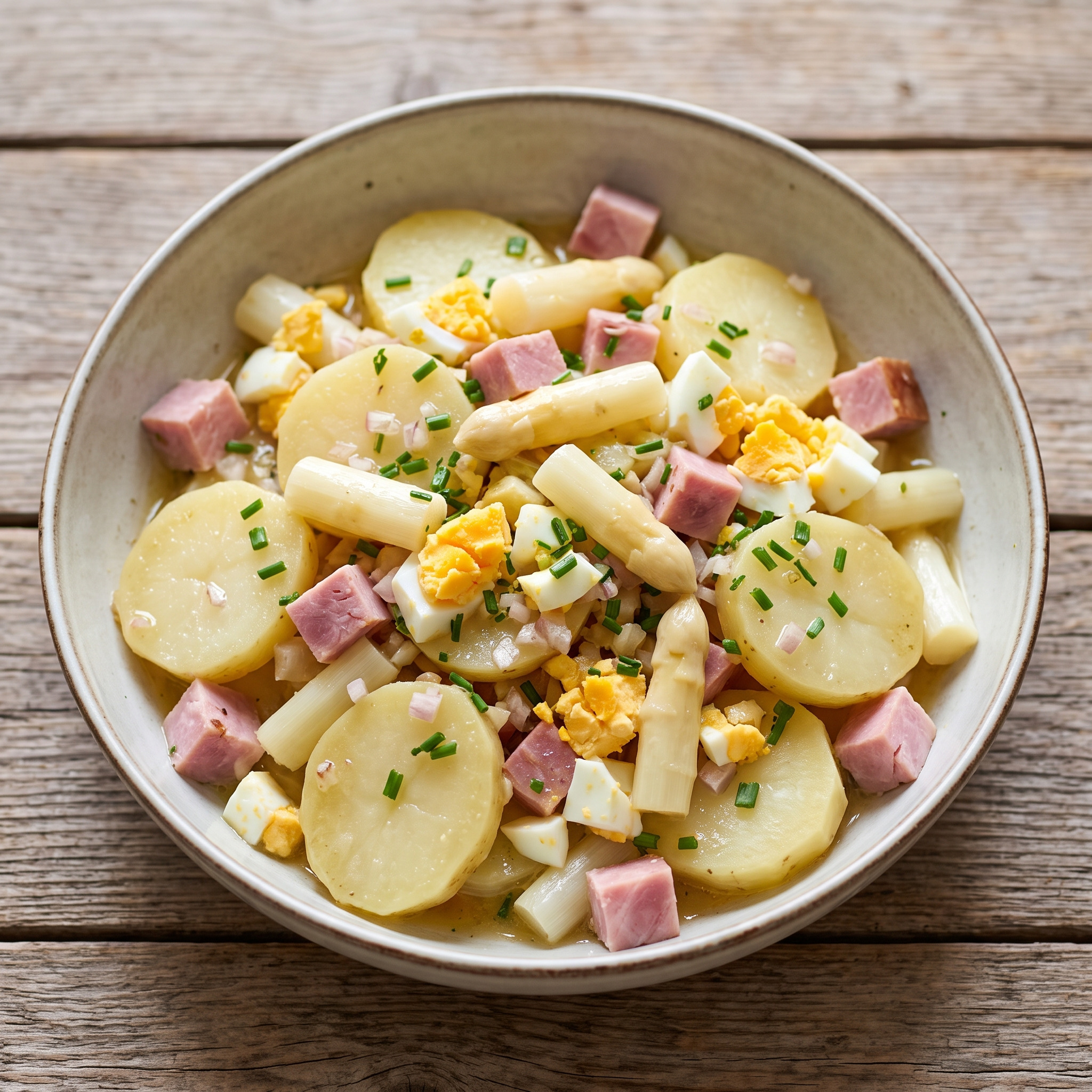 Spargel-Kartoffelsalat mit Schinken und Ei