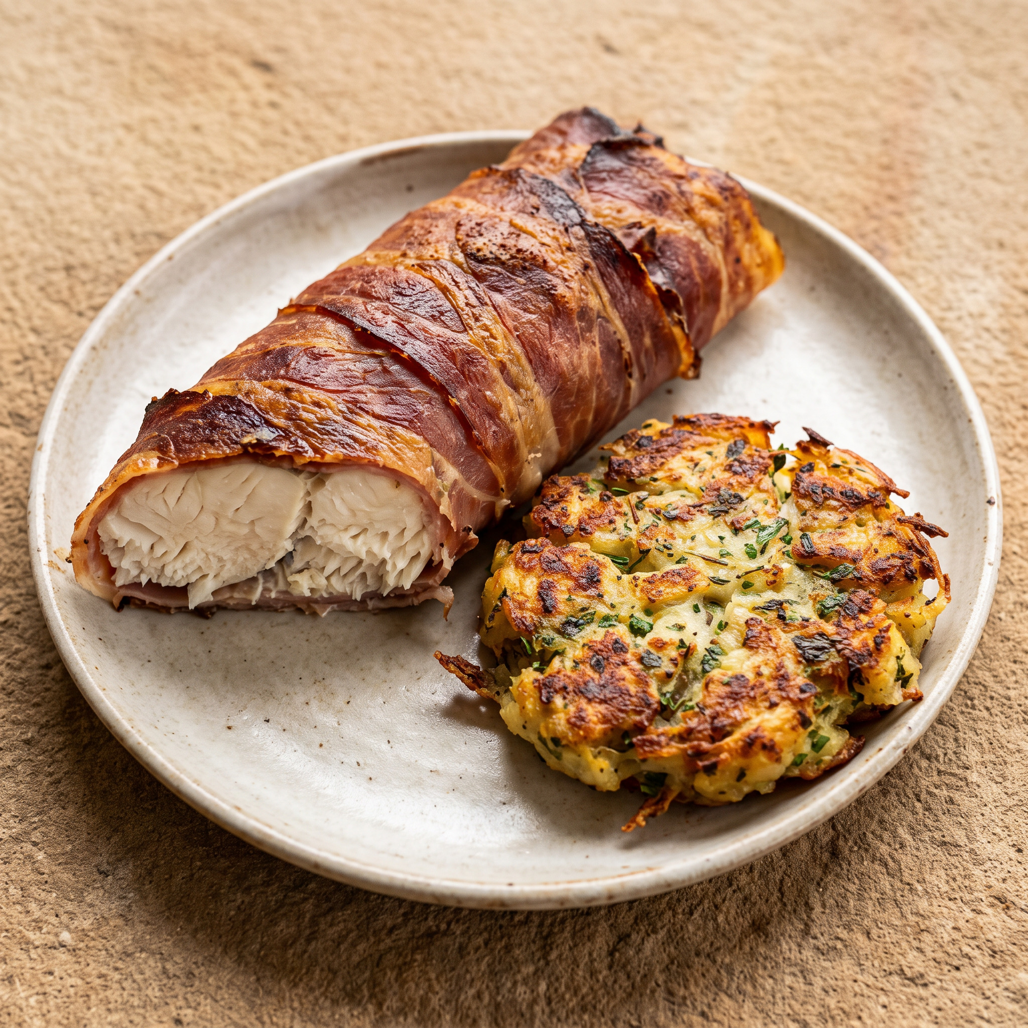 Stör im Wildschinkenmantel an Kräuterkartoffelrösti