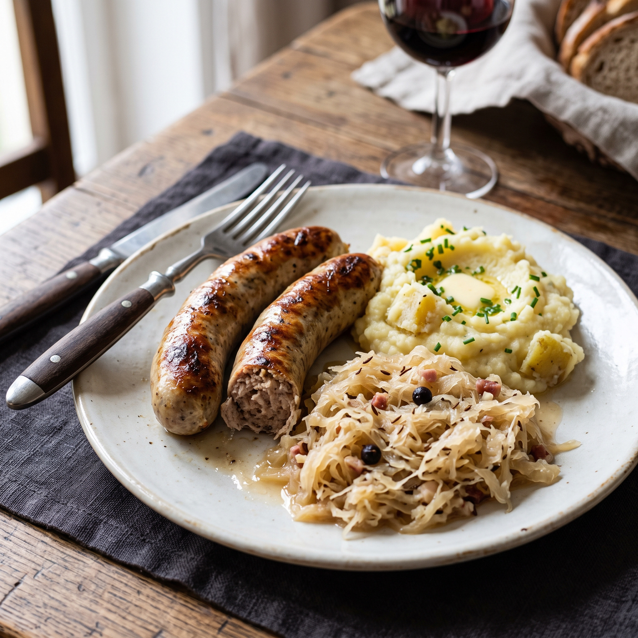 Herzhaftes Tellergericht | Thüringer Rostbratwurst, Sauerkraut, Kartoffelpüree | Röstige Wurst, mildes Kraut und cremiges Kartoffelpüree auf einem Teller.