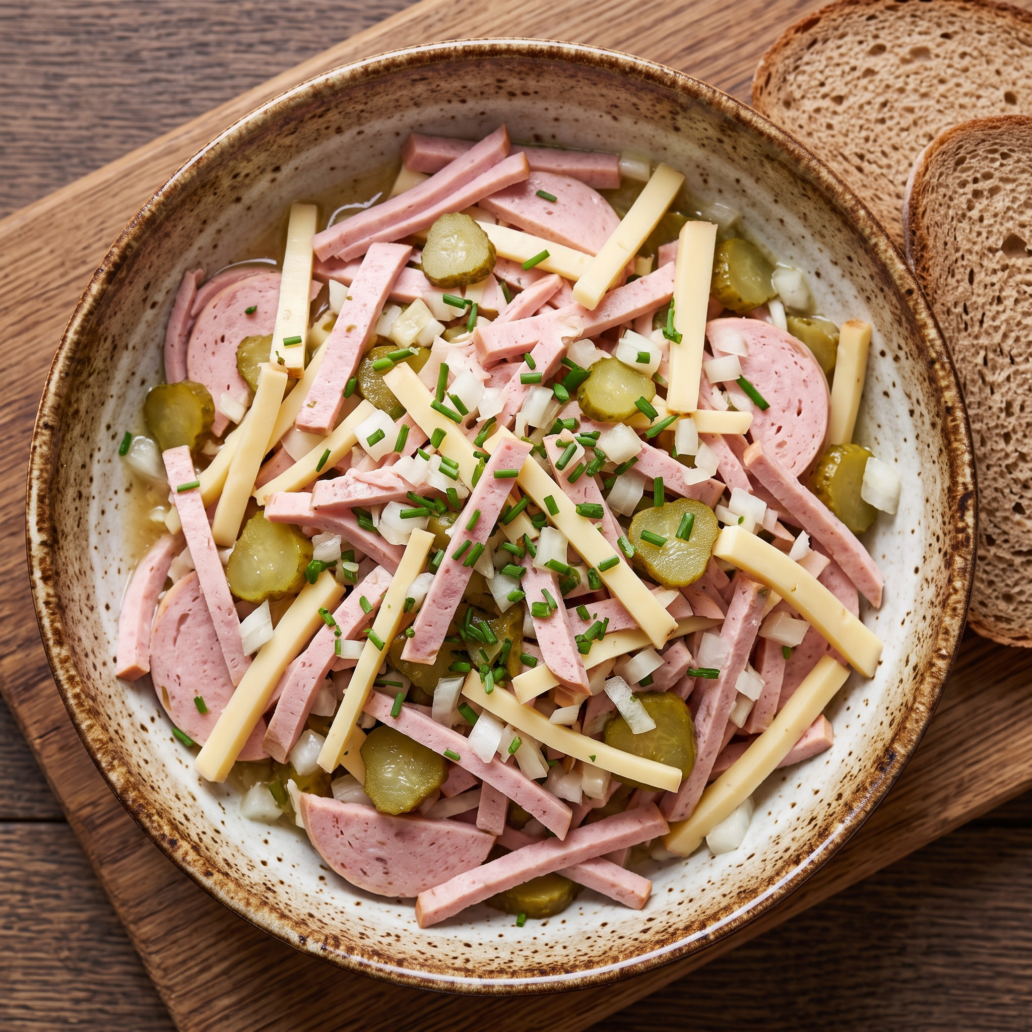 Thüringer Wurstsalat mit Fleischwurst, Käse und Gewürzgurken