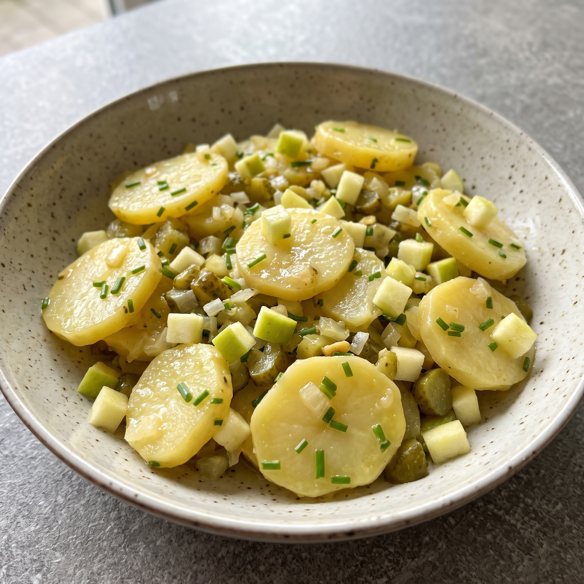 Warmer Kartoffelsalat | Wendischer Kartoffelsalat | Süß-säuerlich, fruchtig und herzhaft mit Äpfeln, Gurken und Gänseschmalz