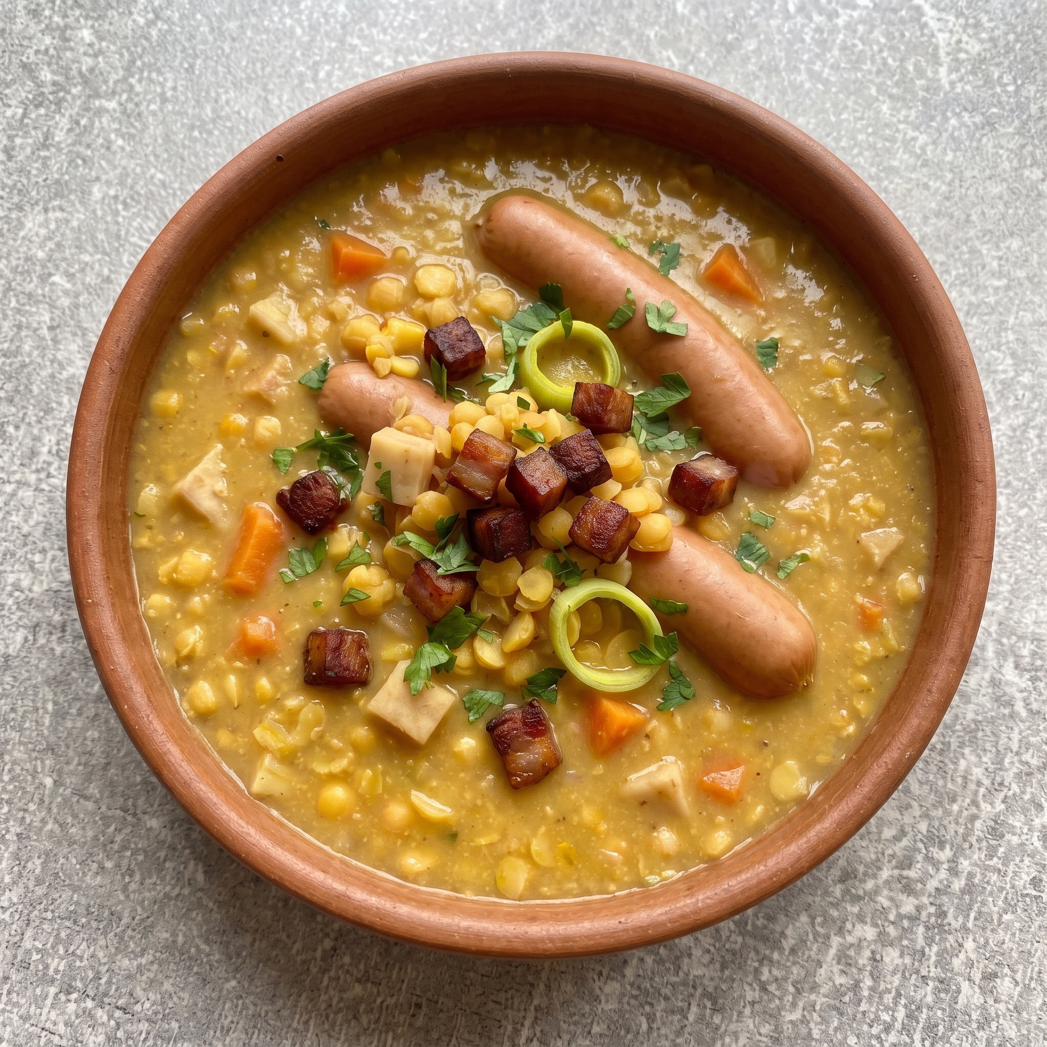 Westfalen | Westfälische Erbsensuppe | Sämige Schälerbsensuppe mit Speck und Wurzelgemüse, rustikal und herzhaft