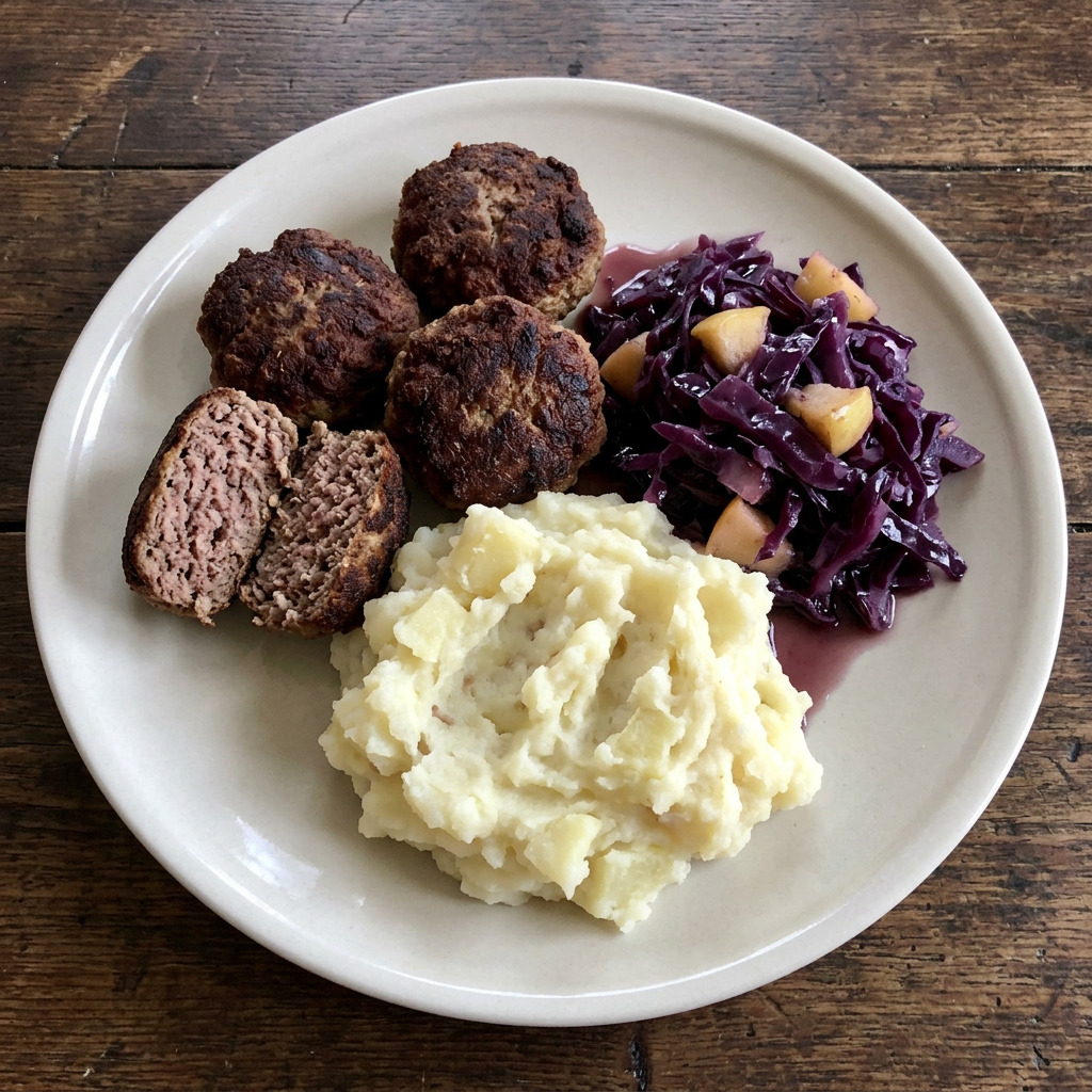 Wildschweinfrikadellen mit Apfel-Rotkohl und Kartoffelstampf