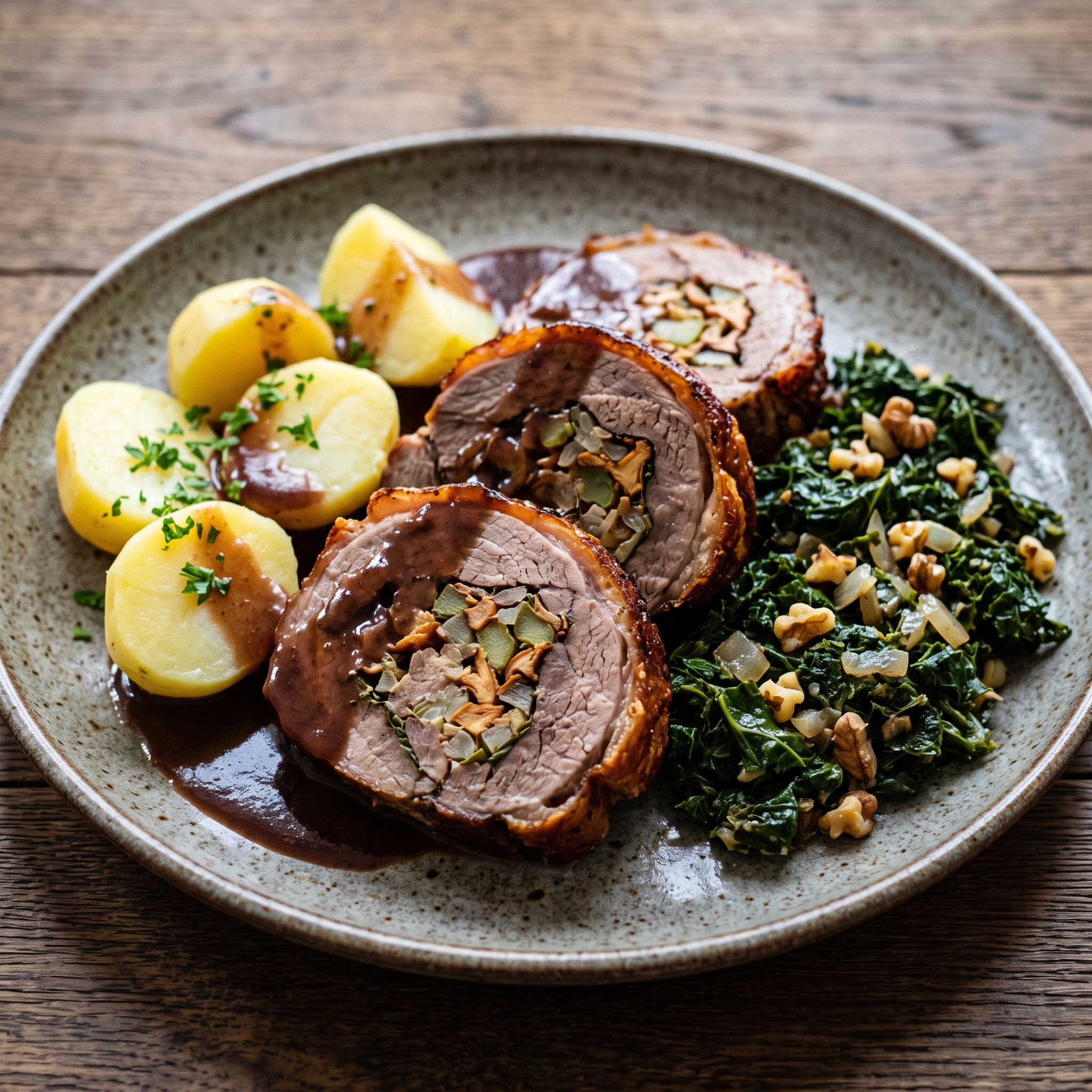 Wildschweinrollbraten mit Grünkohl und Kartoffeln