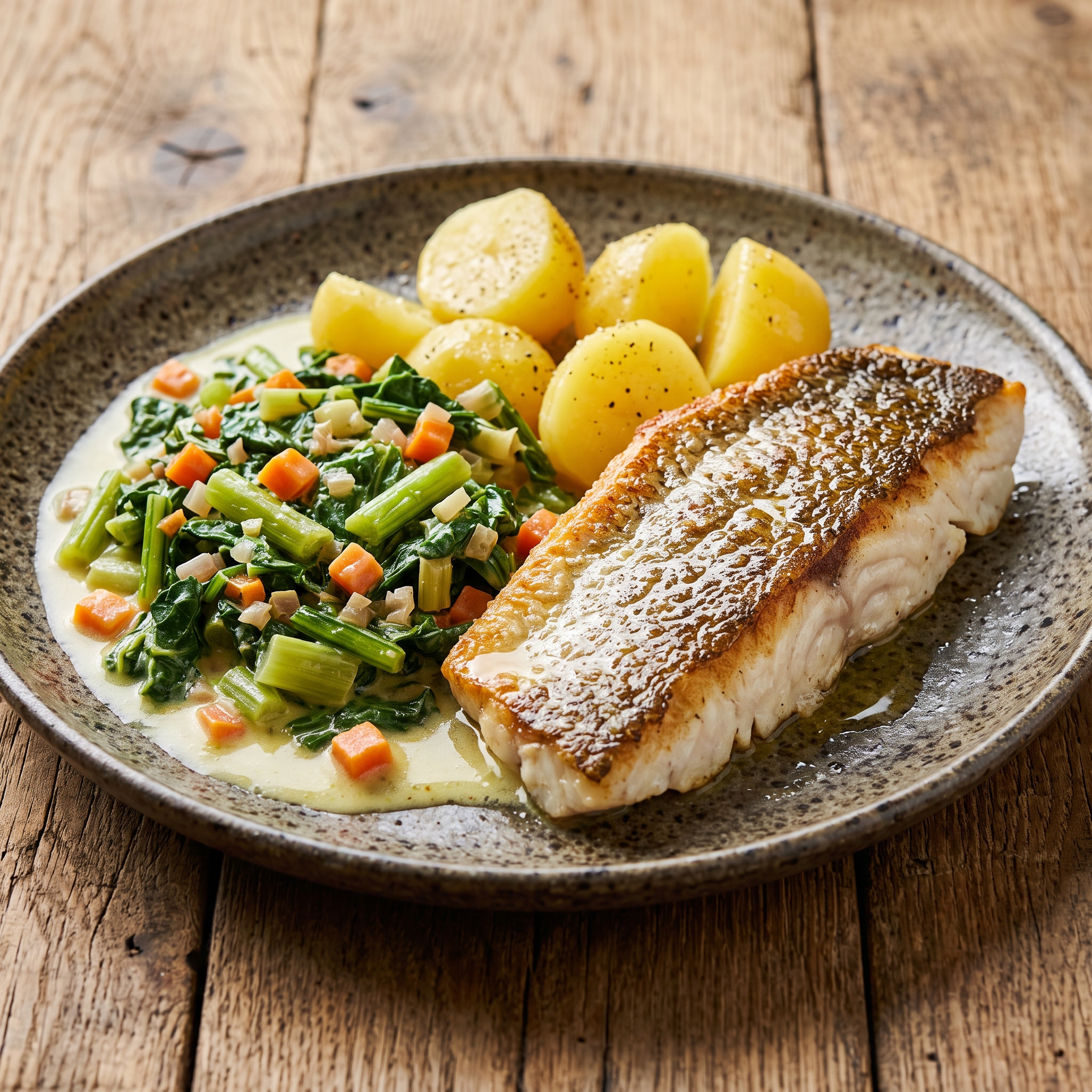 Knuspriger Zander auf cremigem Stielmus