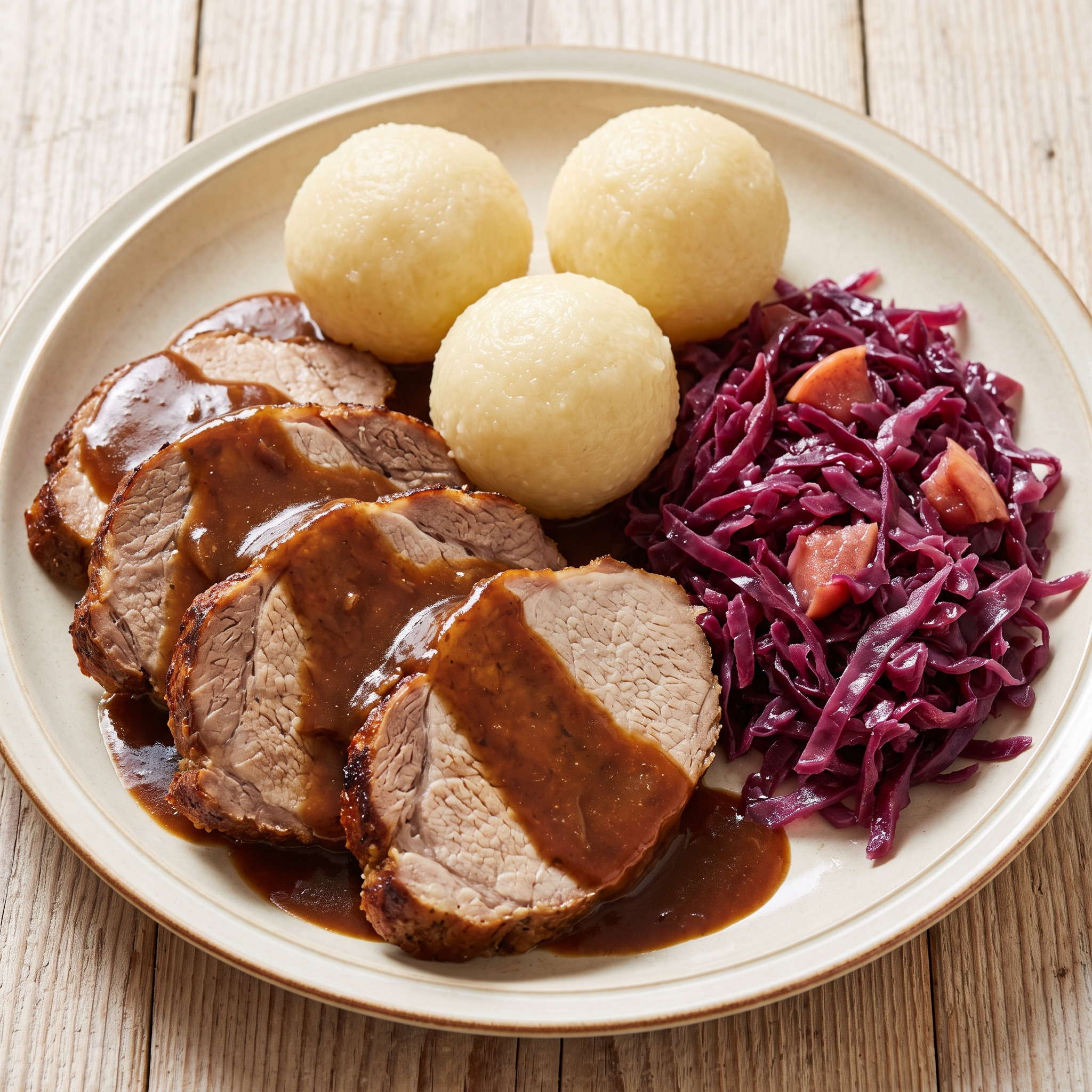 Zwiebel-Schweinebraten mit Rotkohl und Kartoffelklößen