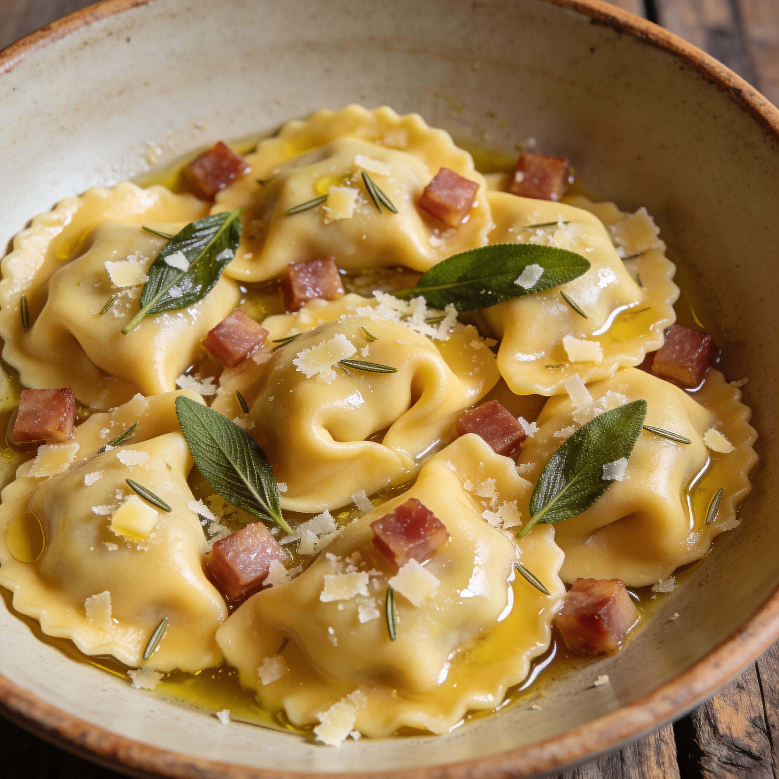 Gefüllte Pasta, halbmondförmig | Casoncelli alla bergamasca | Herzhafte Füllung, süße Rosinen und Salbei-Butter mit Pancetta.