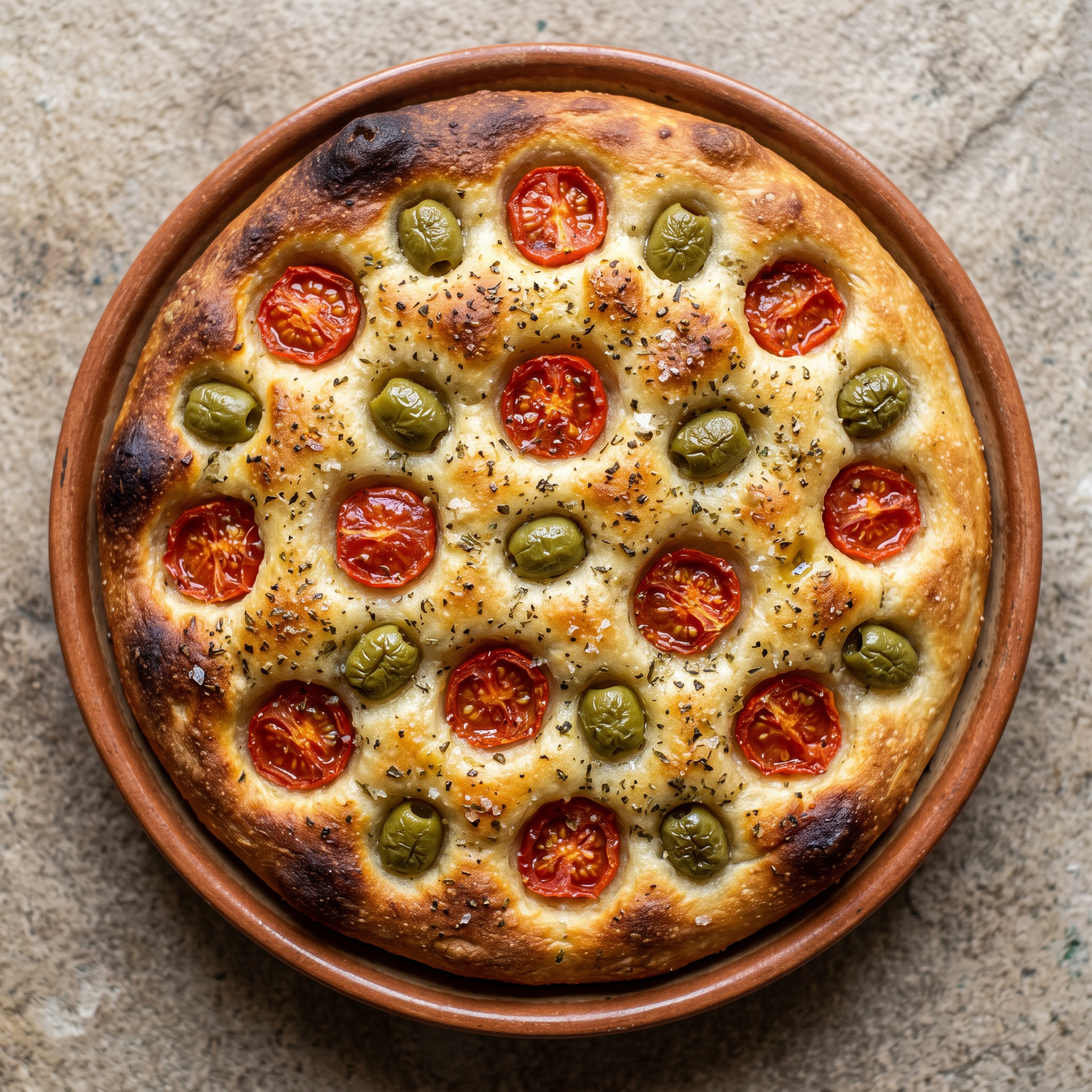 Focaccia barese: Kartoffelteig mit Tomaten und Oliven