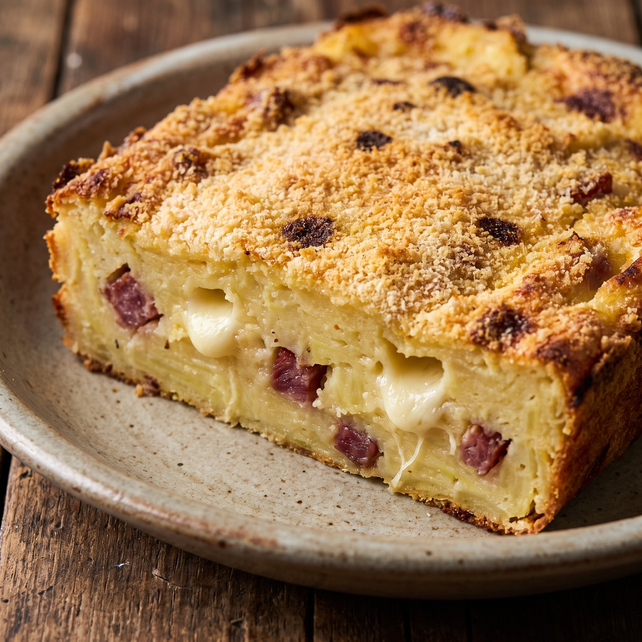 Herzhafter Kartoffelauflauf aus Kampanien | Gattò di patate mit Salame und Provola | Cremiger Kartoffelstampf, Salame Napoli und Provola, goldbraun gebacken.