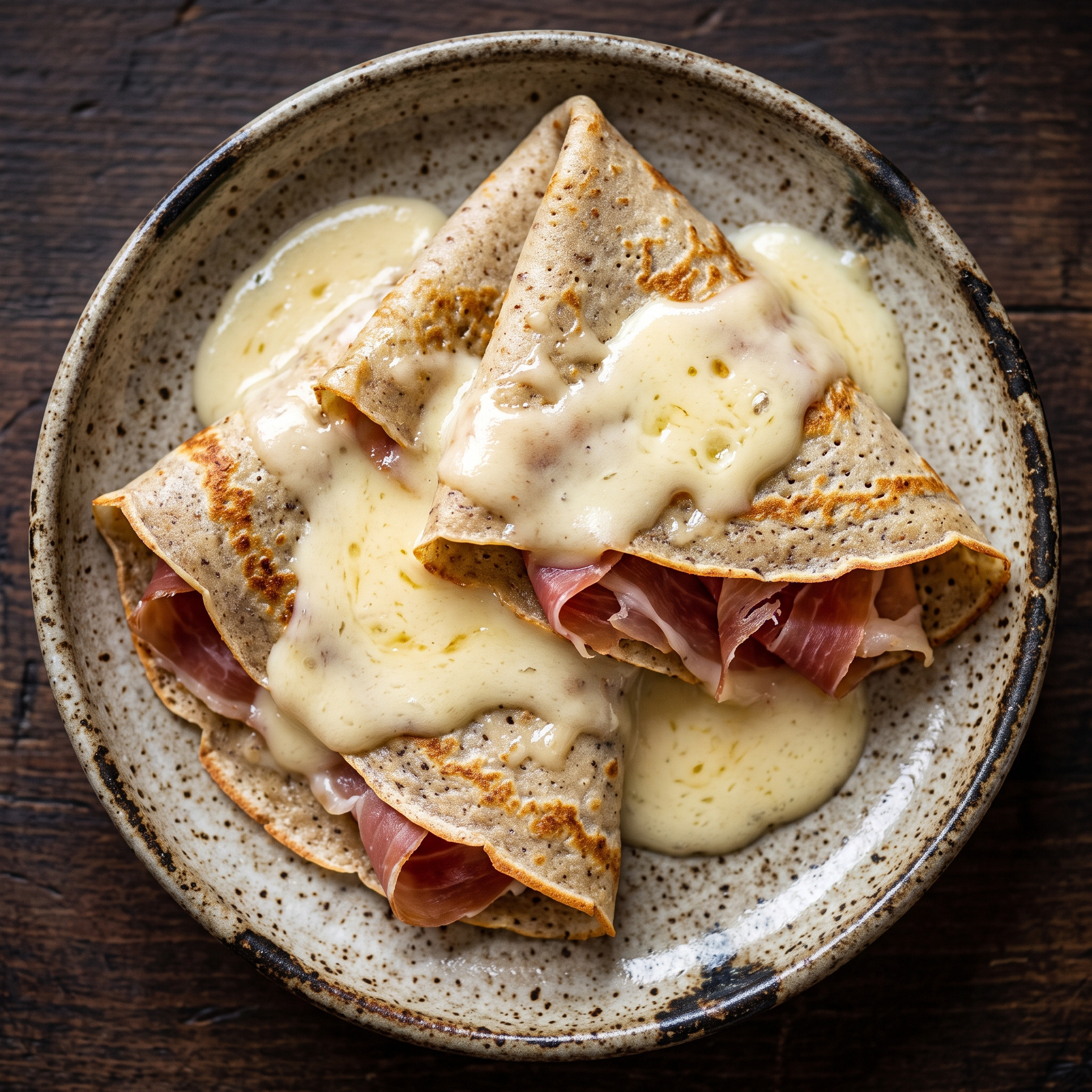 Lombardische Crespella mit Berggetreide, Prosciutto und Taleggio