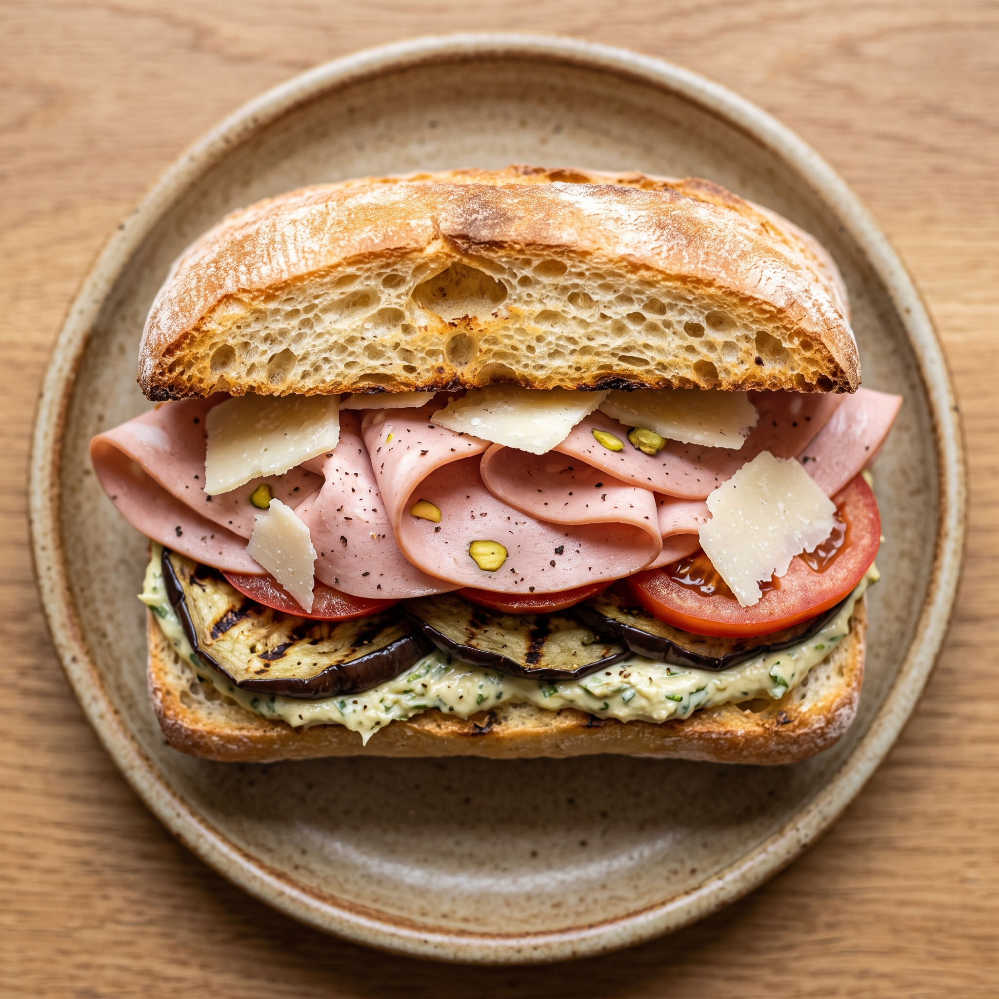 Panino con mortadella mit Aubergine und Artischocke