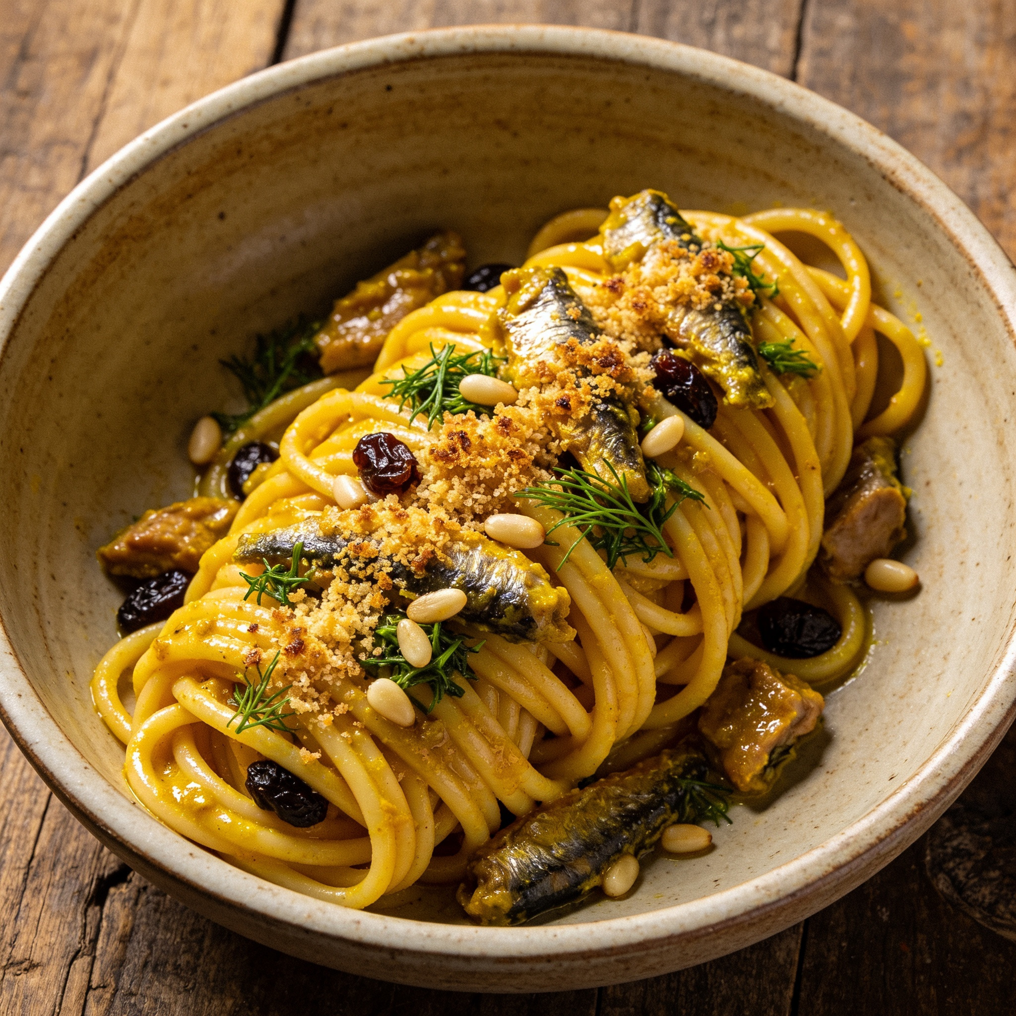Sizilianische Pastaküche | Pasta con le sarde alla palermitana | Sardinen, Wildfenchel und Rosinen, mit knusprigen Brotbröseln überbacken.