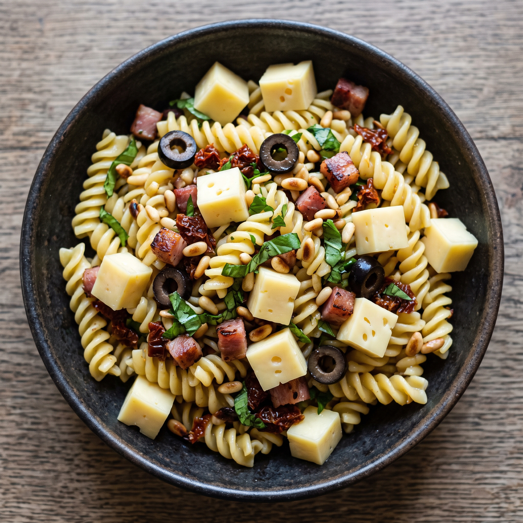 Pasta fredda mit Montasio, Oliven und getrockneten Tomaten