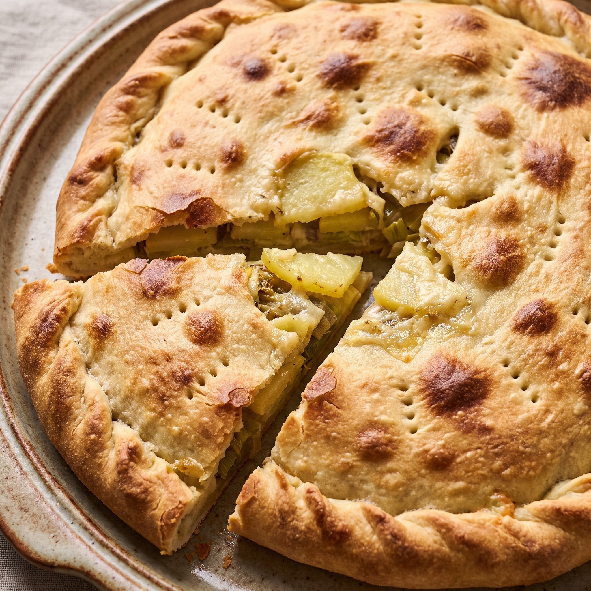 Pizza rustica mit Porree, Kartoffeln und Castelmagno