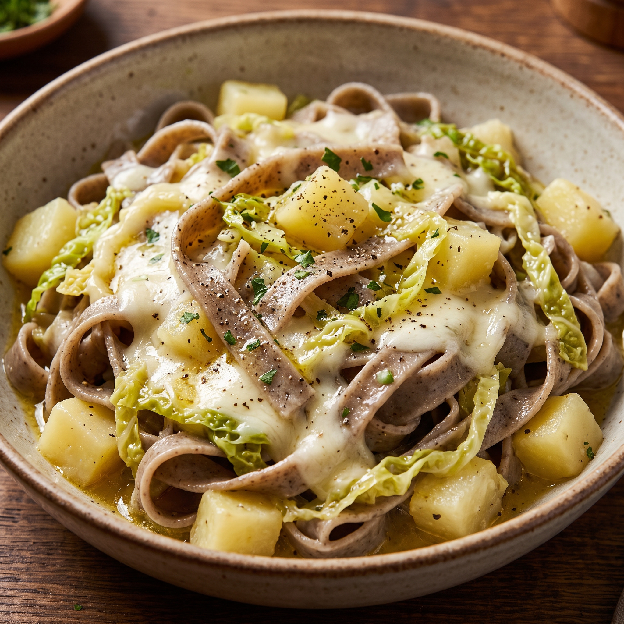 Pizzoccheri della Valtellina mit Wirsing und Käse