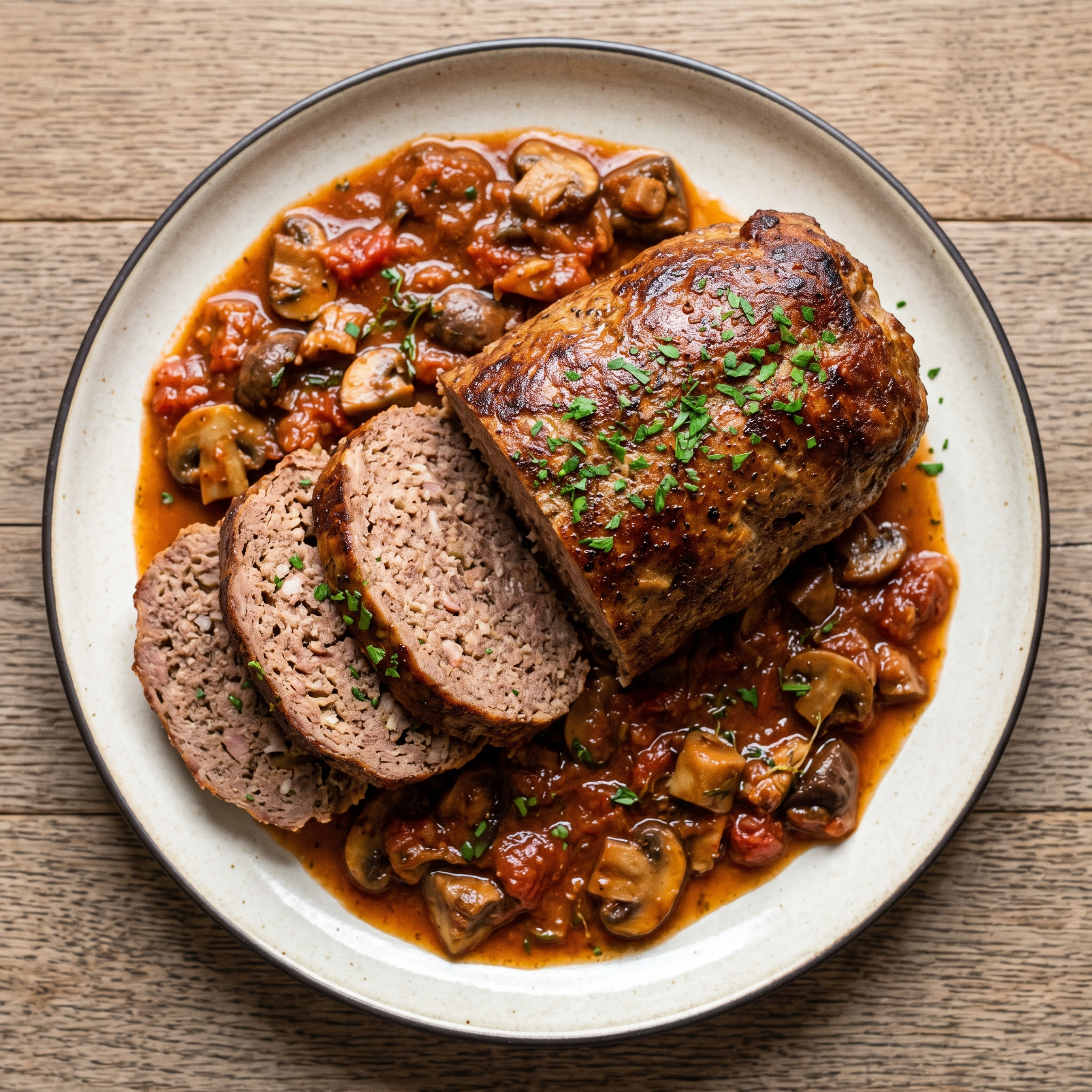 Polpettone alla bolognese in Tomaten-Pilz-Sauce