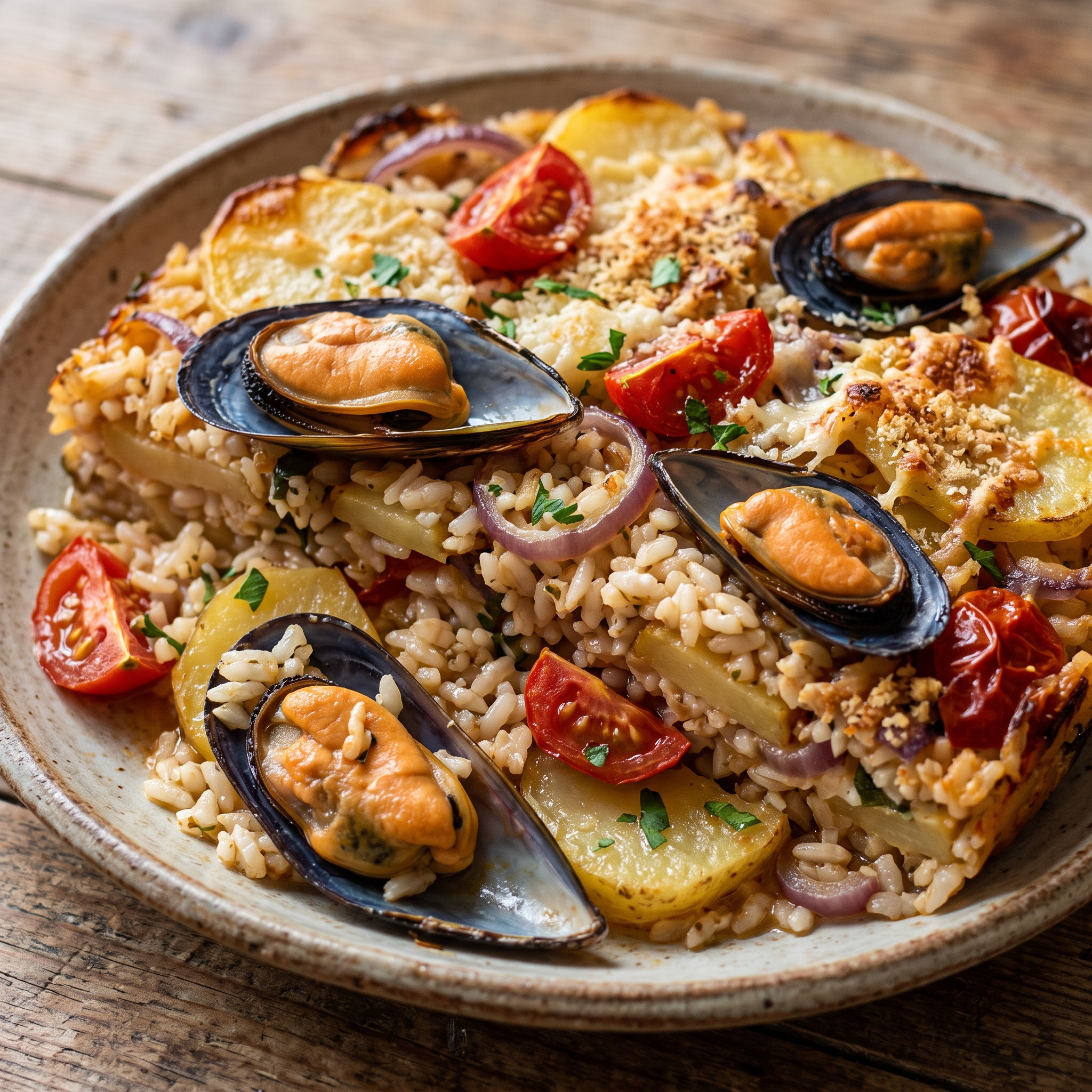 Ofenreis aus Apulien | Tiella barese | Saftiger Ofenreis mit Muscheln, Kartoffeln und Tomaten, goldbraun überbacken.