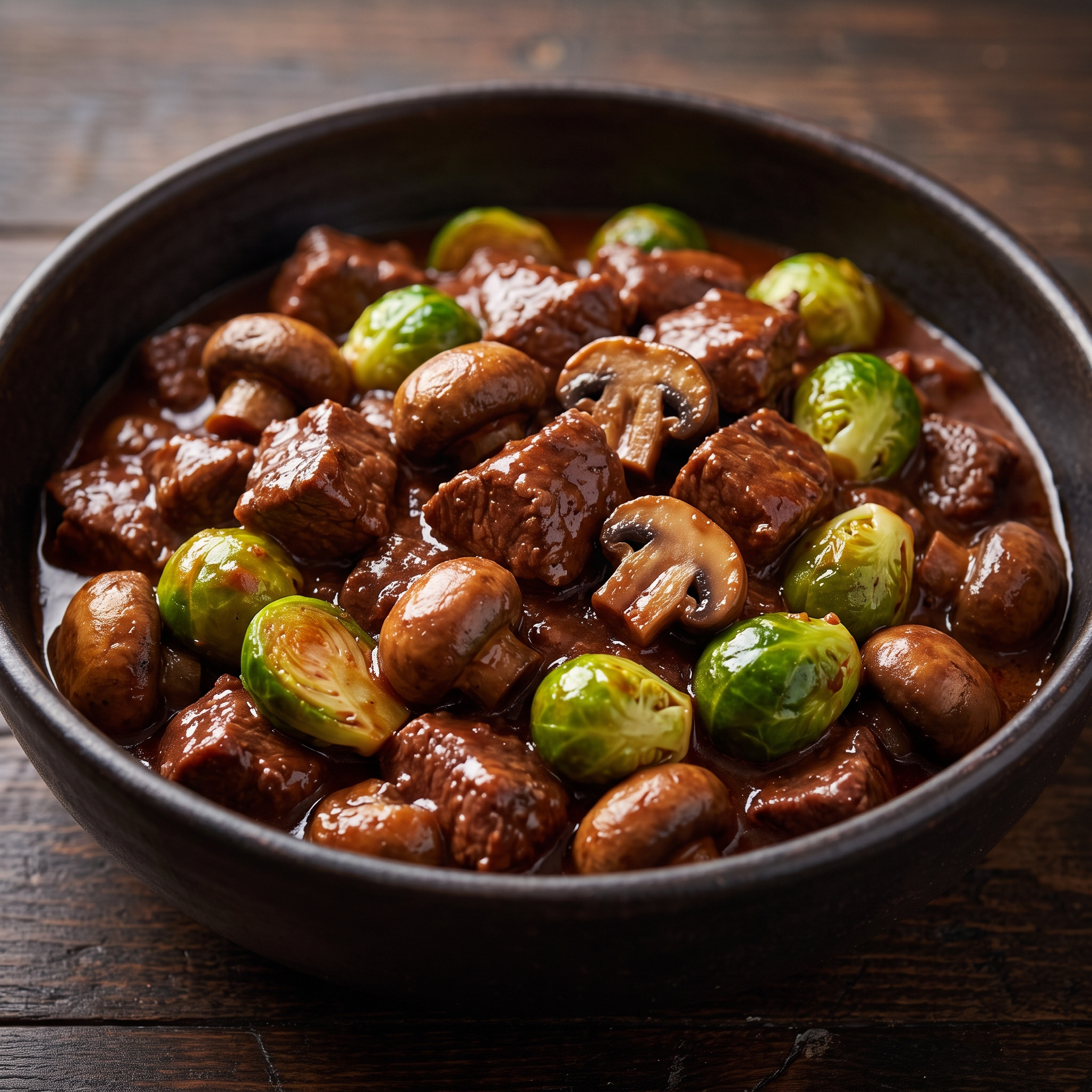 Civet de sanglier mit Pilzen und Rosenkohl