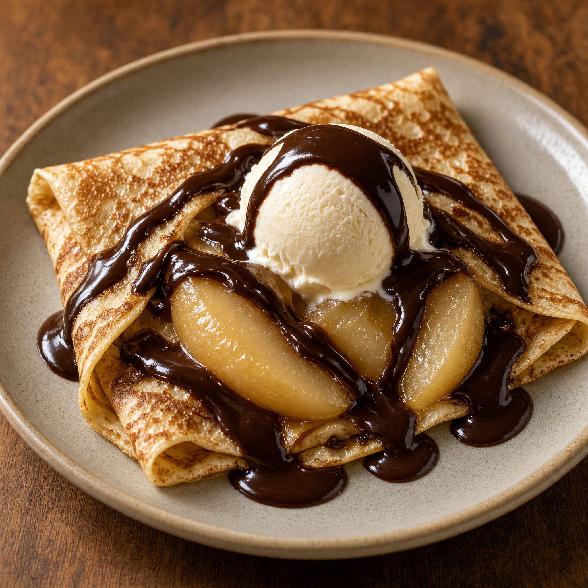 Crêpes Belle-Hélène mit pochierter Birne und Schokolade