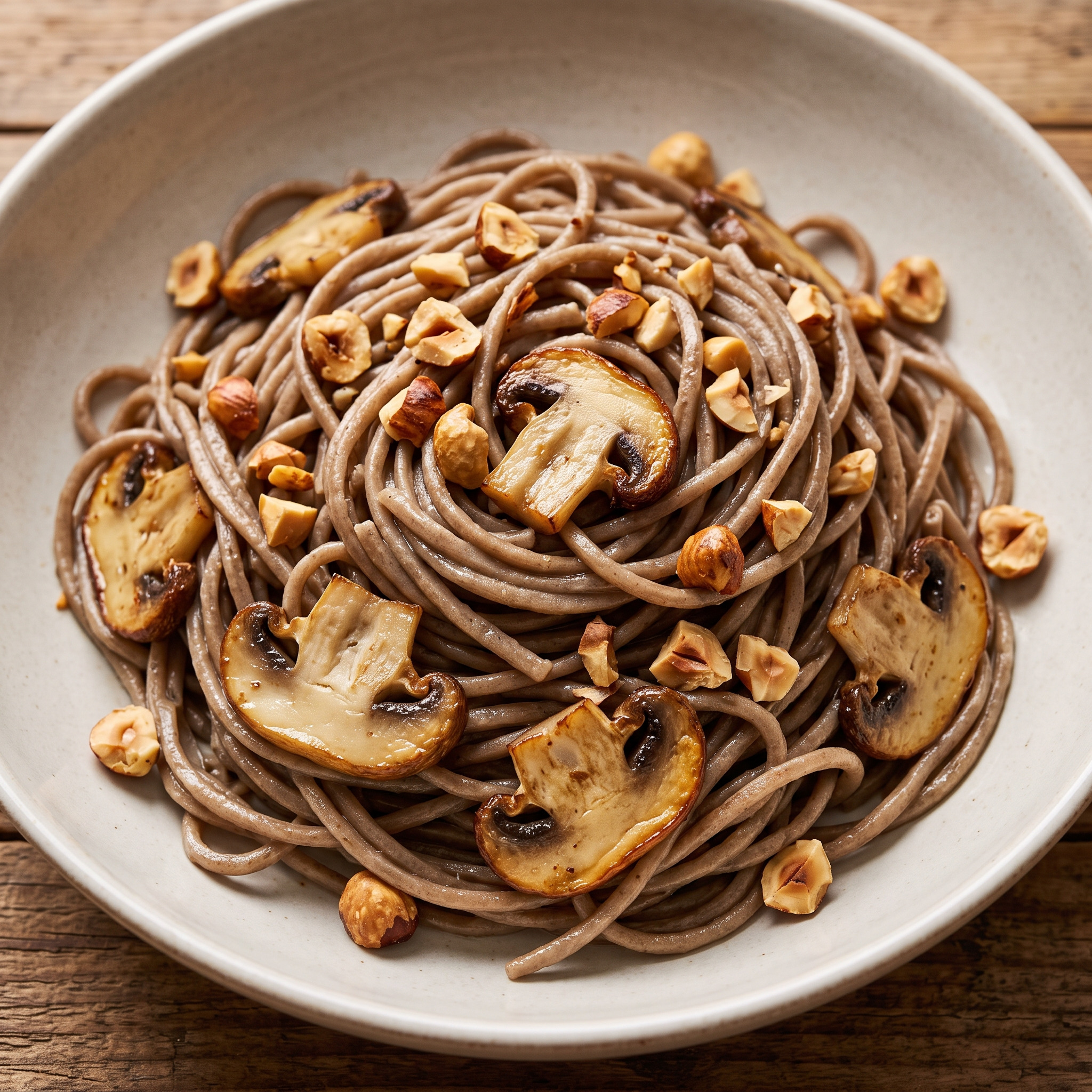 Pâtes au blé noir, champignons et noisettes