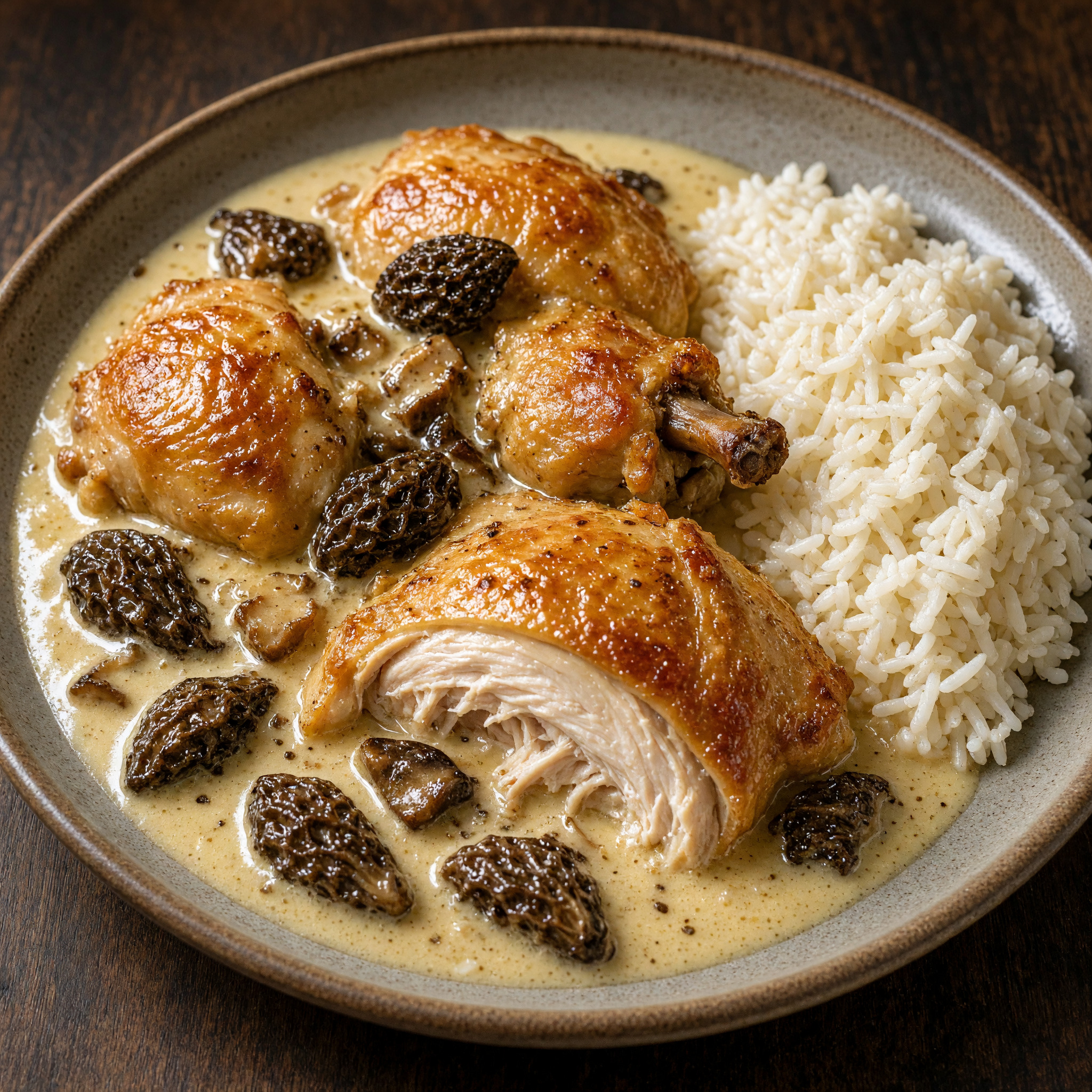 Poulet de Bresse au vin jaune et aux morilles