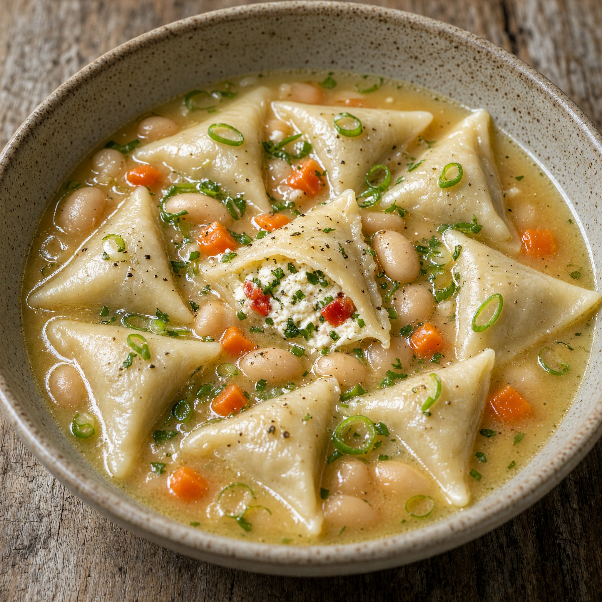 Ravioles de chèvre frais, bouillon et Haricots Tarbais