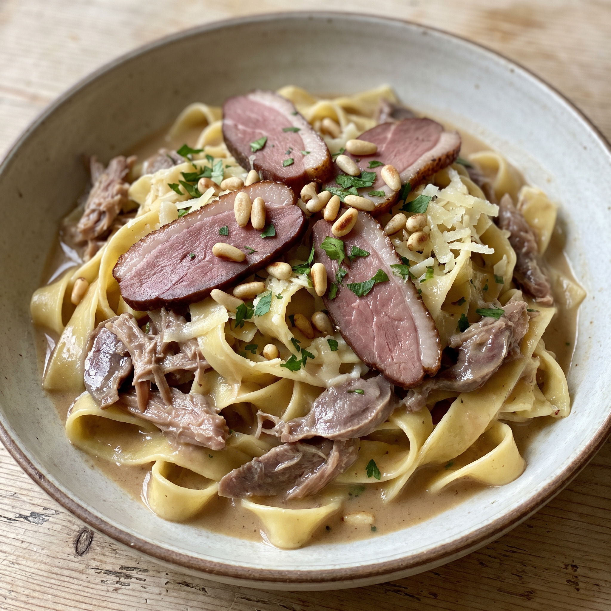 Tagliatelles périgourdines mit Entenconfit
