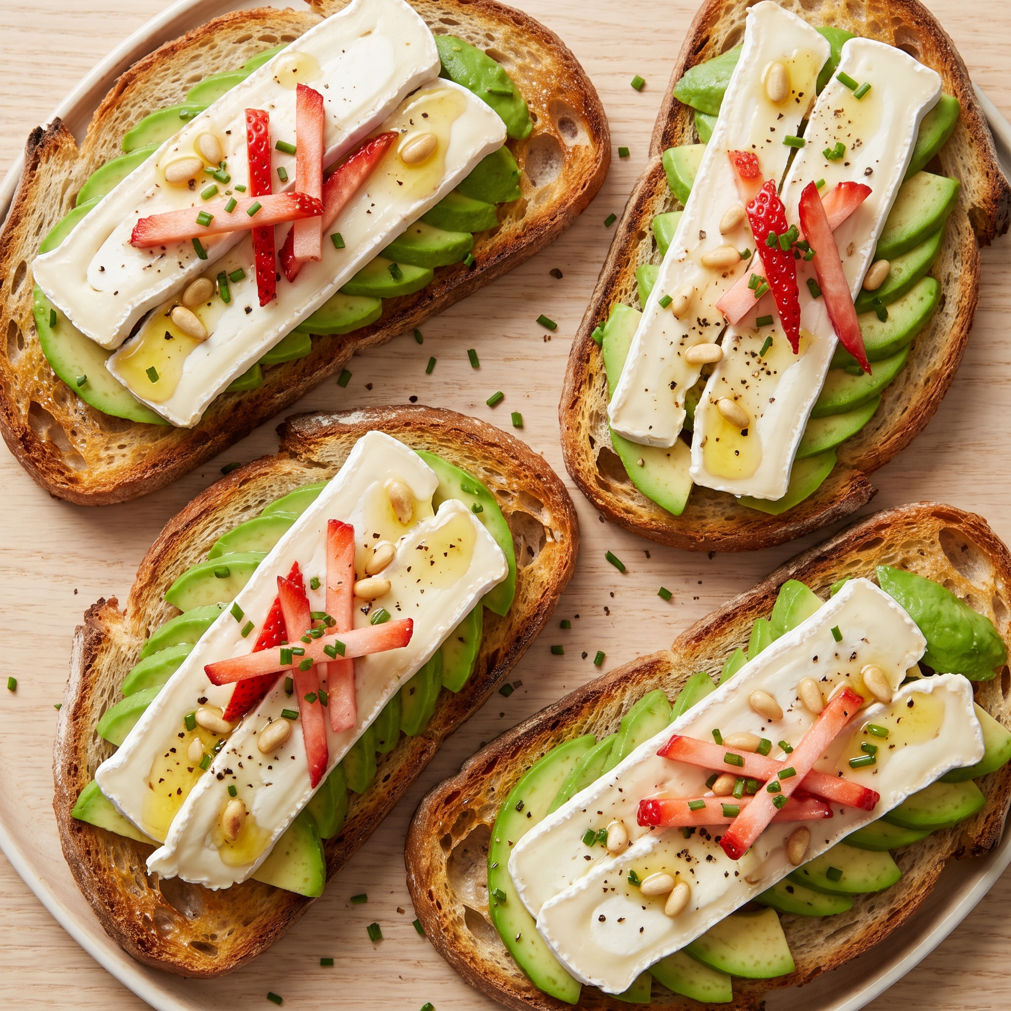 Tartine de Sainte-Maure de Touraine mit Erdbeeren und Avocado