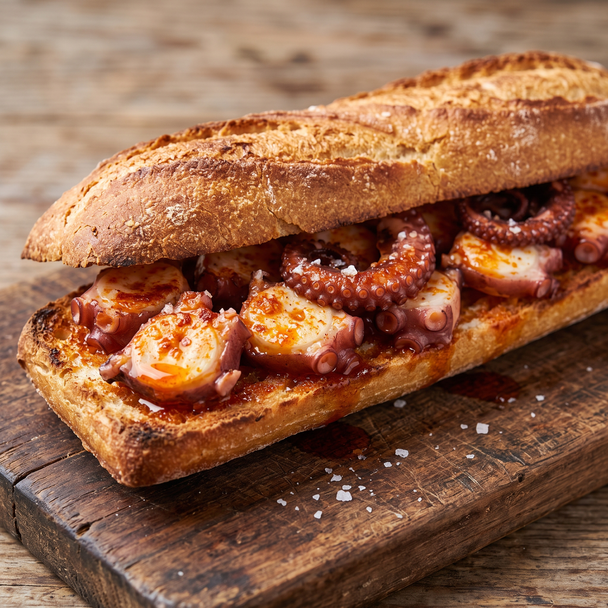 Pulpo á feira zwischen zwei knusprigen Hälften