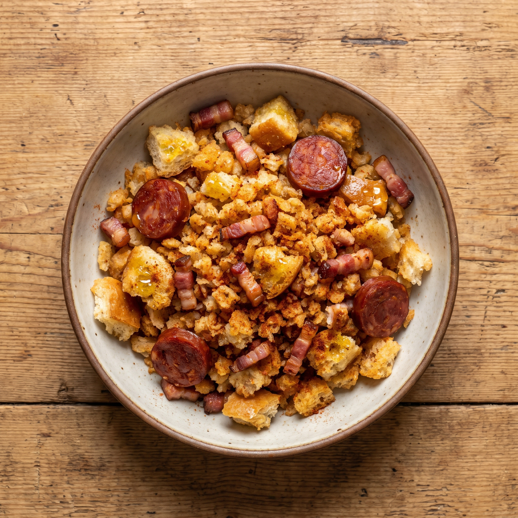 Brot-Migas mit Knoblauch, Speck und Chorizo