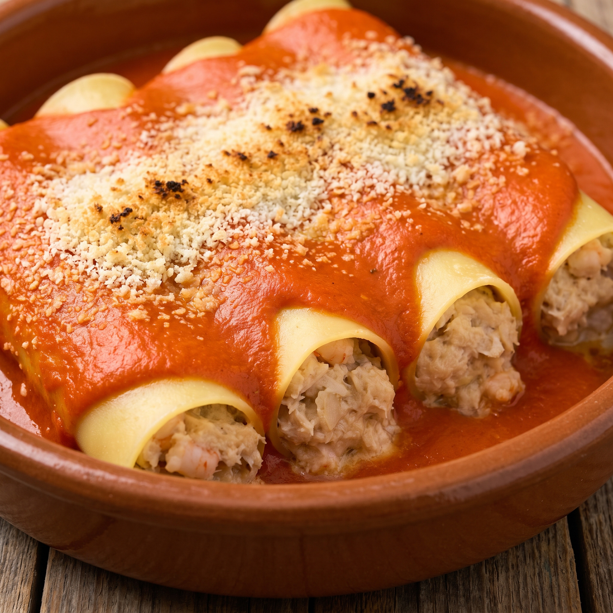 Canelones de merluza mit Piquillo-Sauce