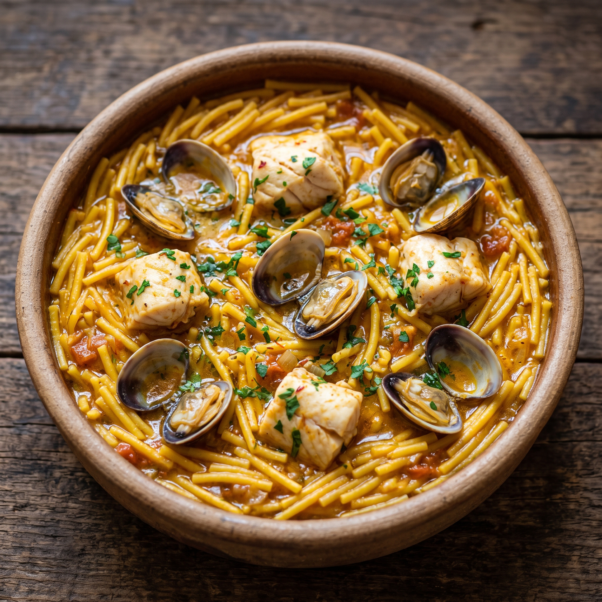 Cazuela de fideos con pintarroja y almejas